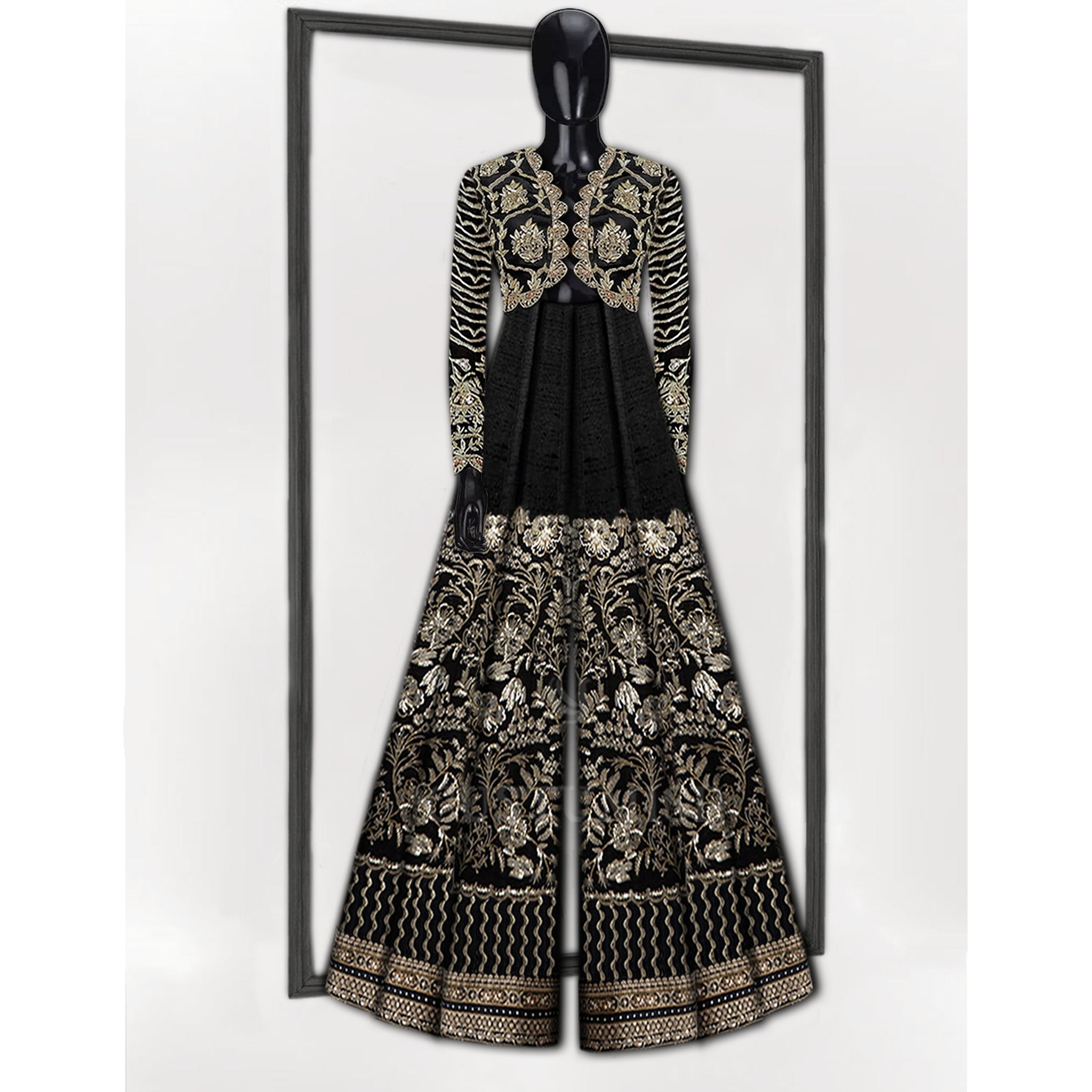 Black Embroidered Jumpsuit Jacket Style - Indian Designer Bridal Wedding Outfit