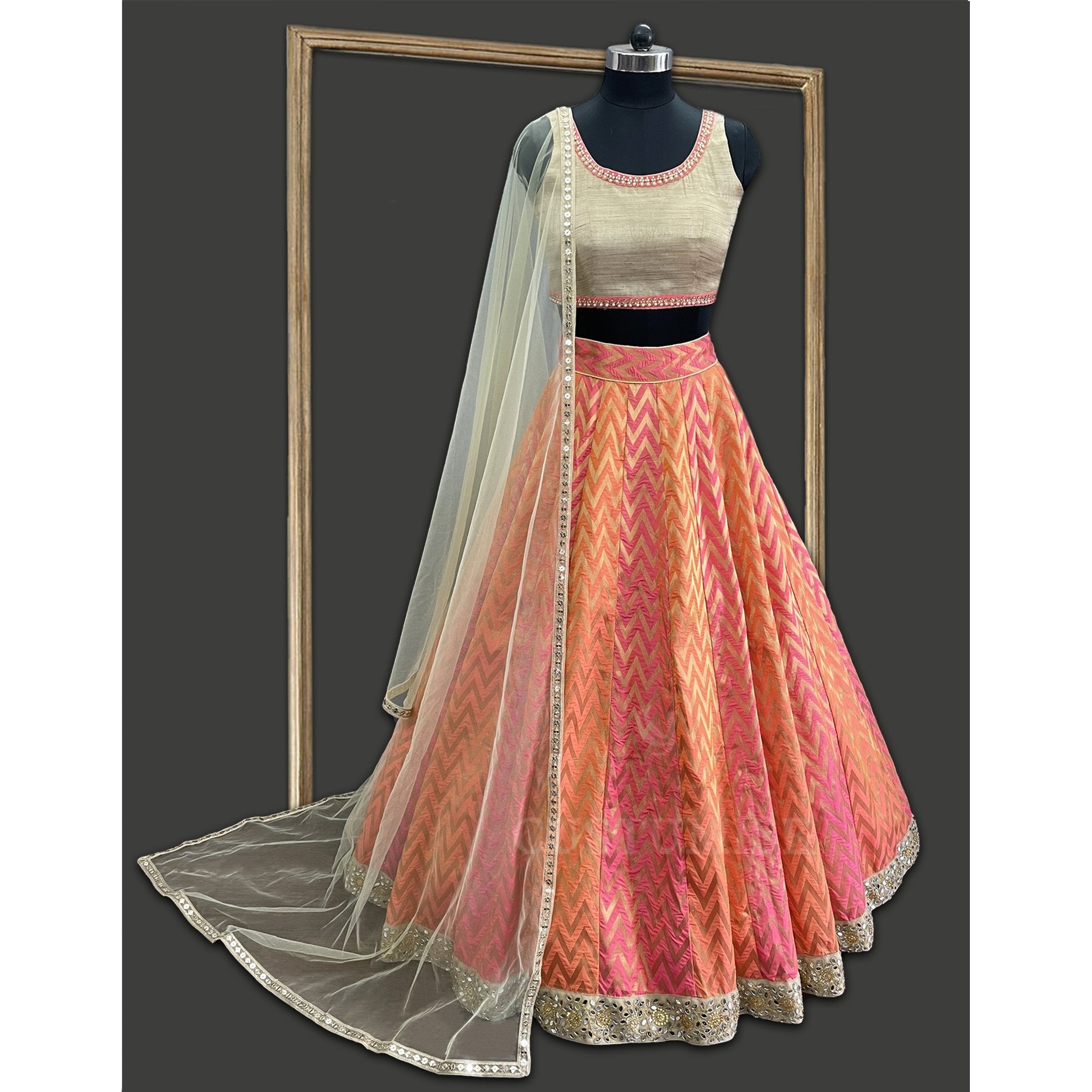 Elegant Orange and Peach Chevron Banarsi Lehenga - Indian Designer Bridal Wedding Outfit