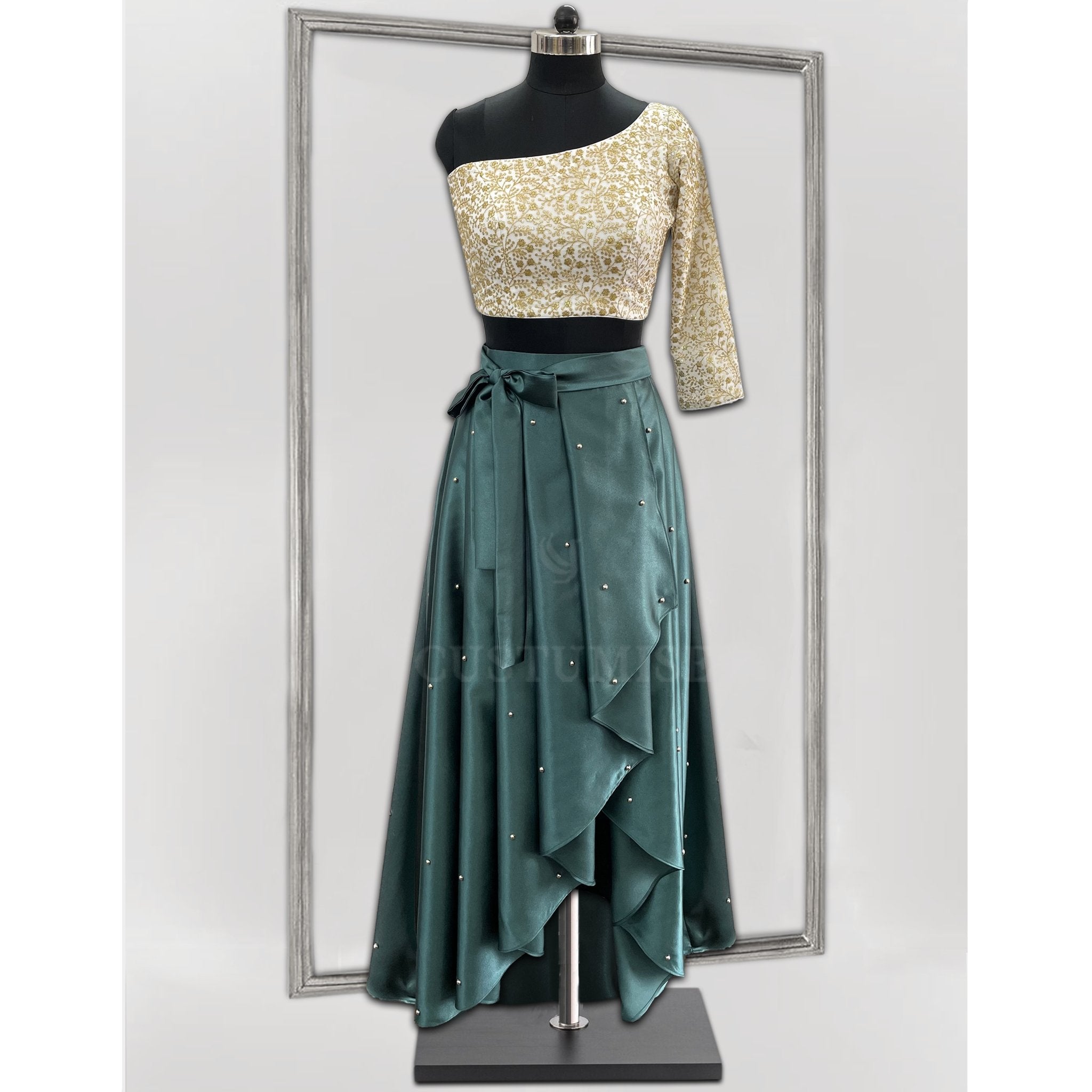 Gilded Elegance: Bottle Green Satin Skirt with One-Shoulder Top - Indian Designer Bridal Wedding Outfit