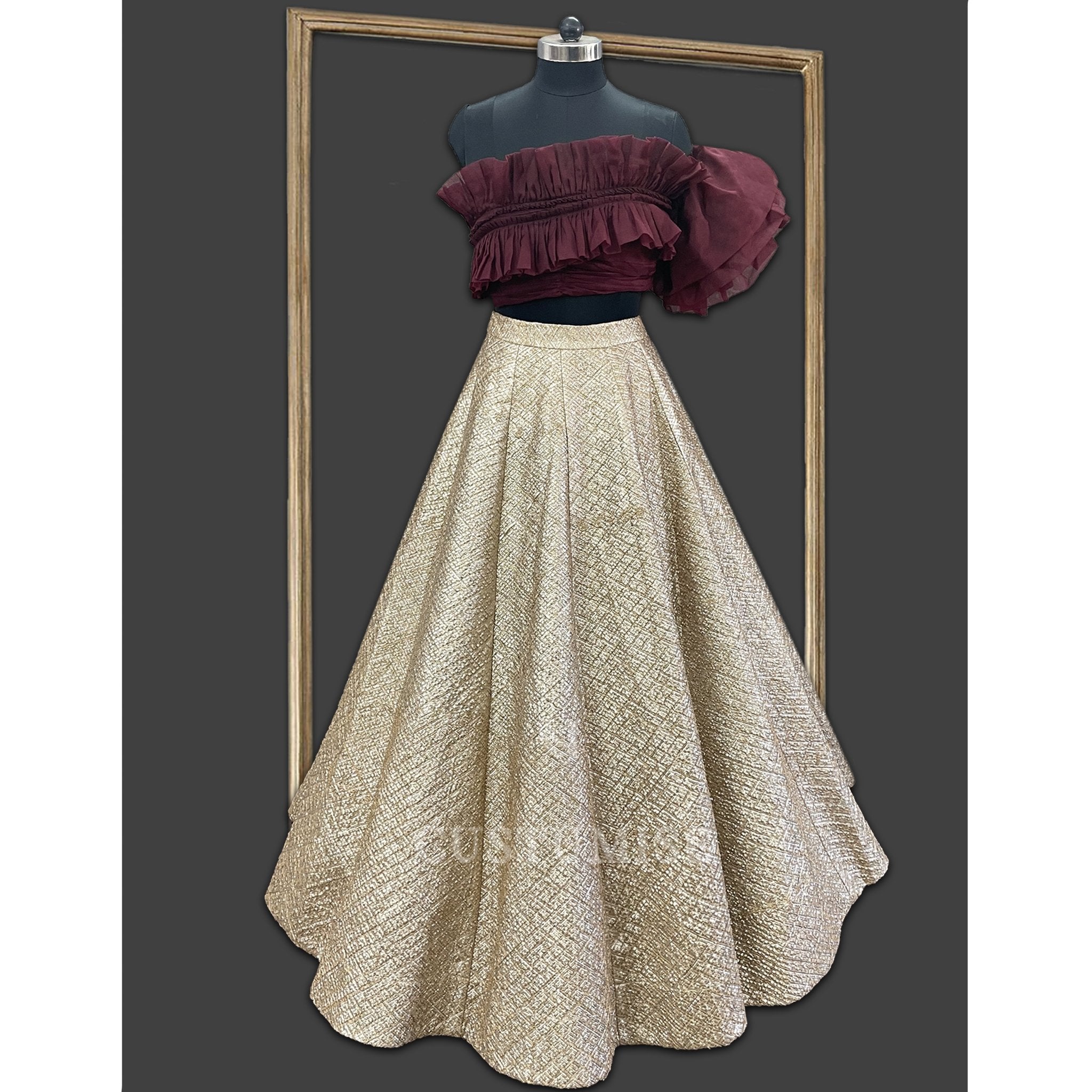 Glamorous Fusion: Gold Gotta Skirt & Chic Maroon Ruffled Organza Blouse - Indian Designer Bridal Wedding Outfit