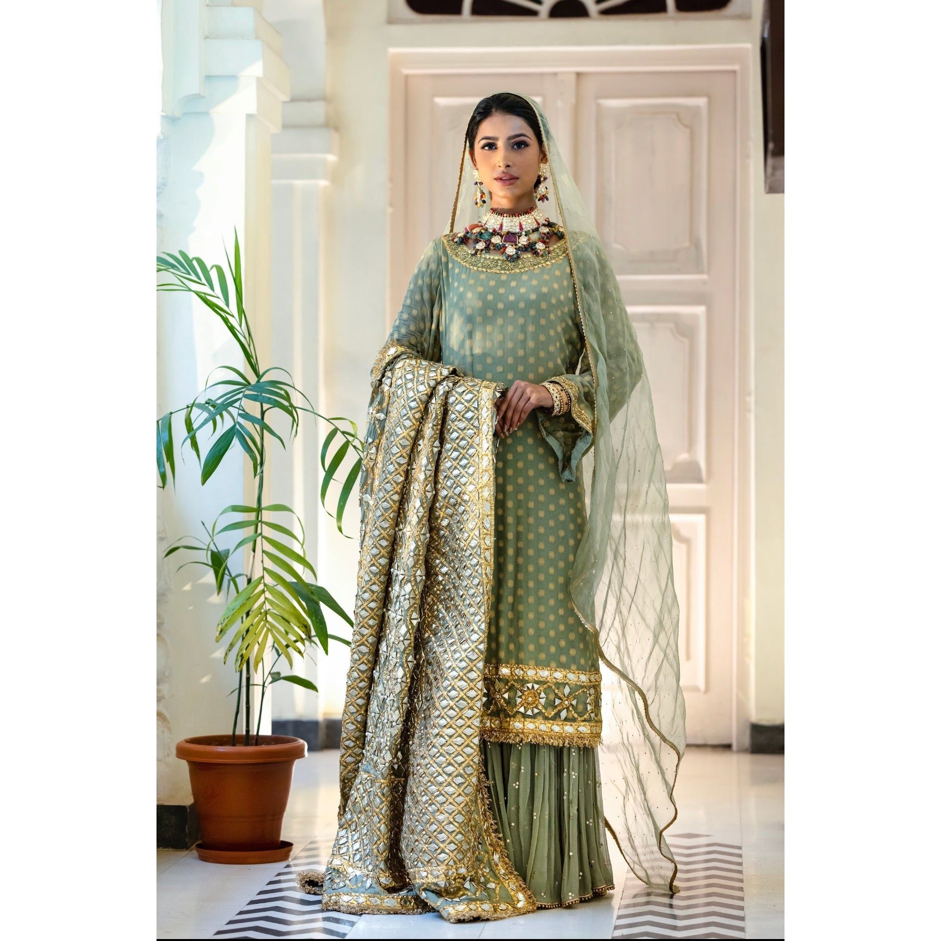 Green Embroidered Sharara Set - Indian Designer Bridal Wedding Outfit