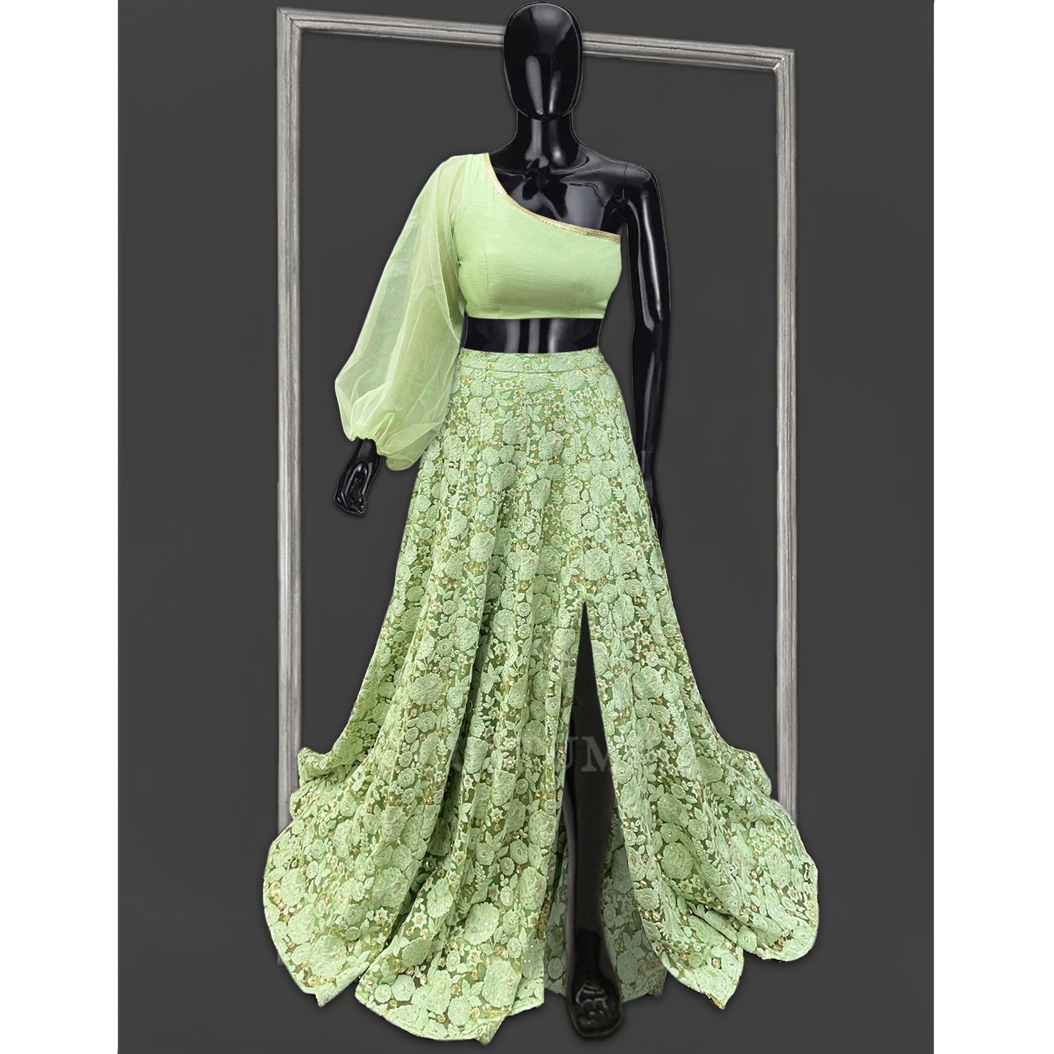 Green Floral Embroidered slit skirt Set - Indian Designer Bridal Wedding Outfit