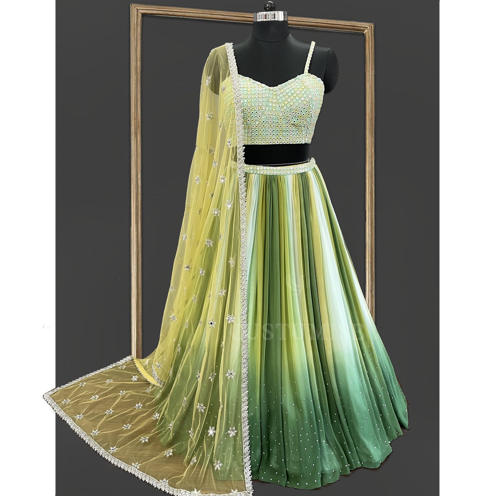 Green Ombre and Mirror Lehenga Set - Indian Designer Bridal Wedding Outfit