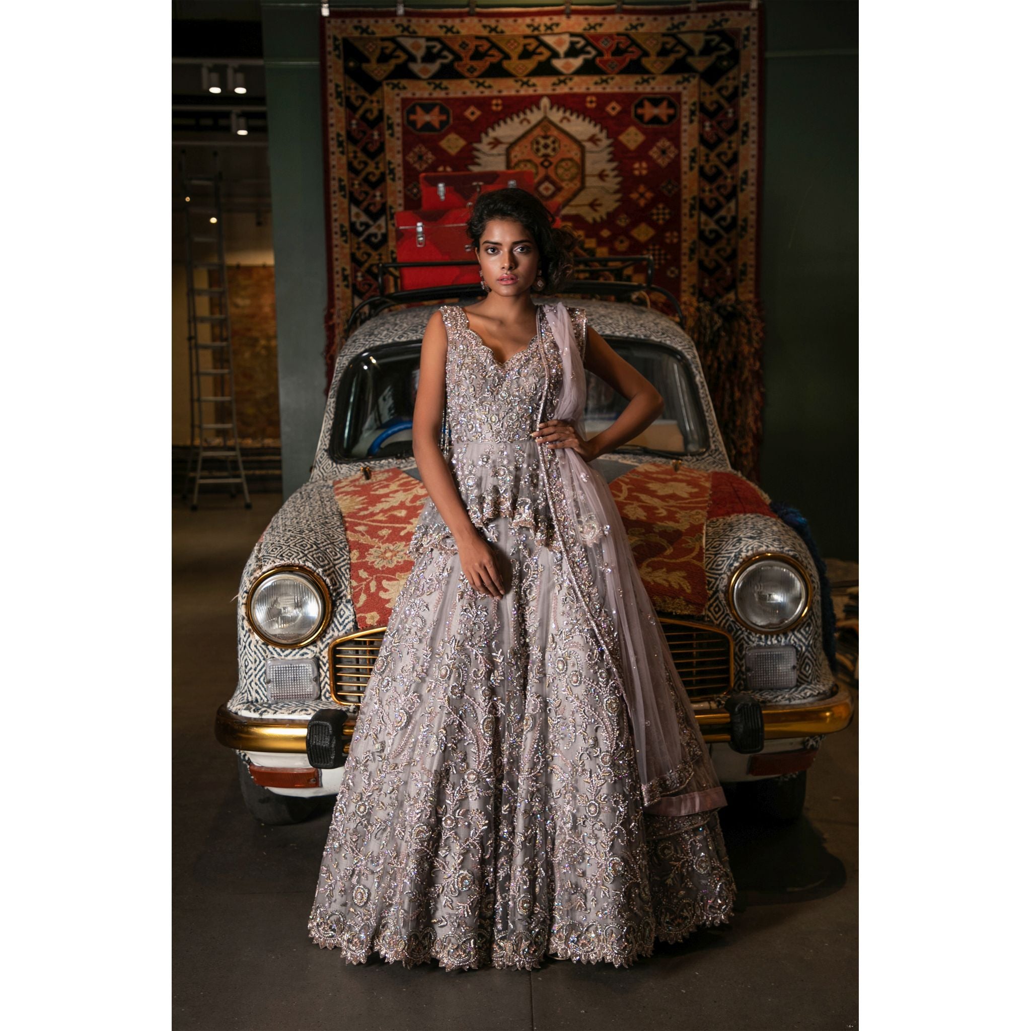 Grey Crystal Studded Peplum Lehenga-Gown - Indian Designer Bridal Wedding Outfit
