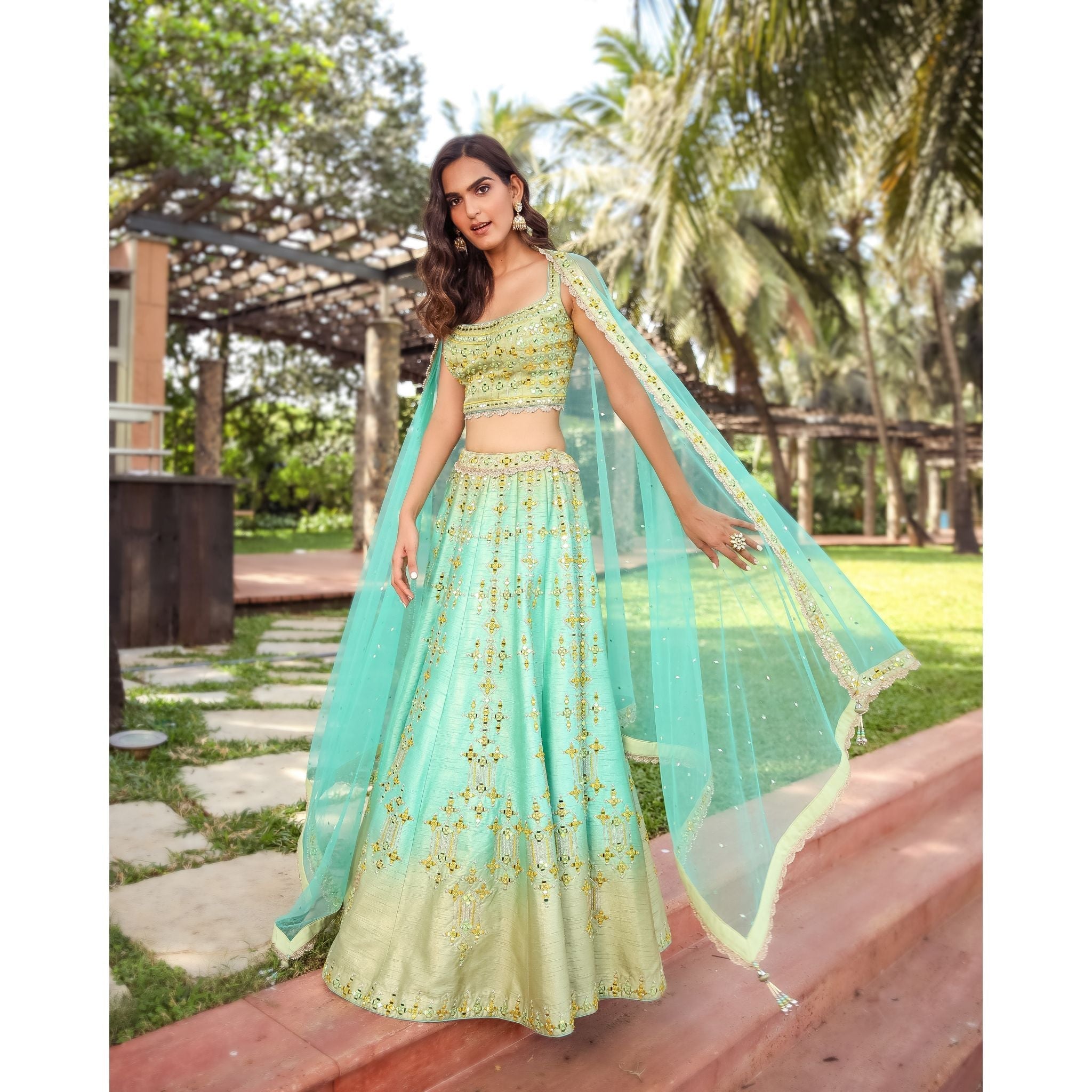 Mint Turquoise Mirrorwork Lehenga Set - Indian Designer Bridal Wedding Outfit