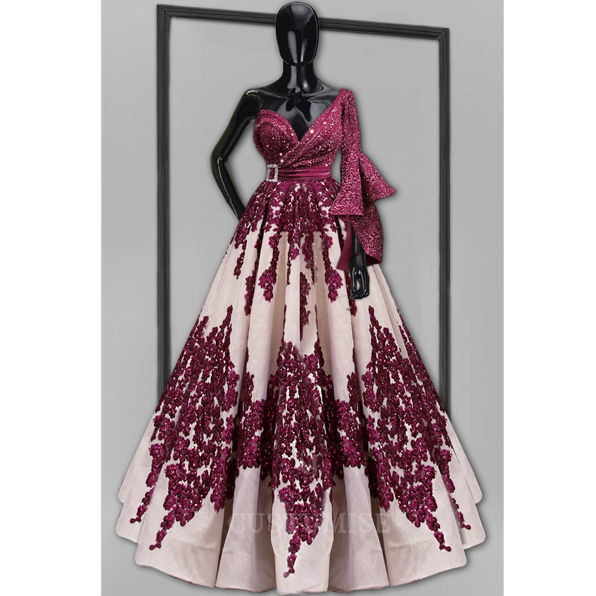 Nude pink and Maroon Embellished gown - Indian Designer Bridal Wedding Outfit