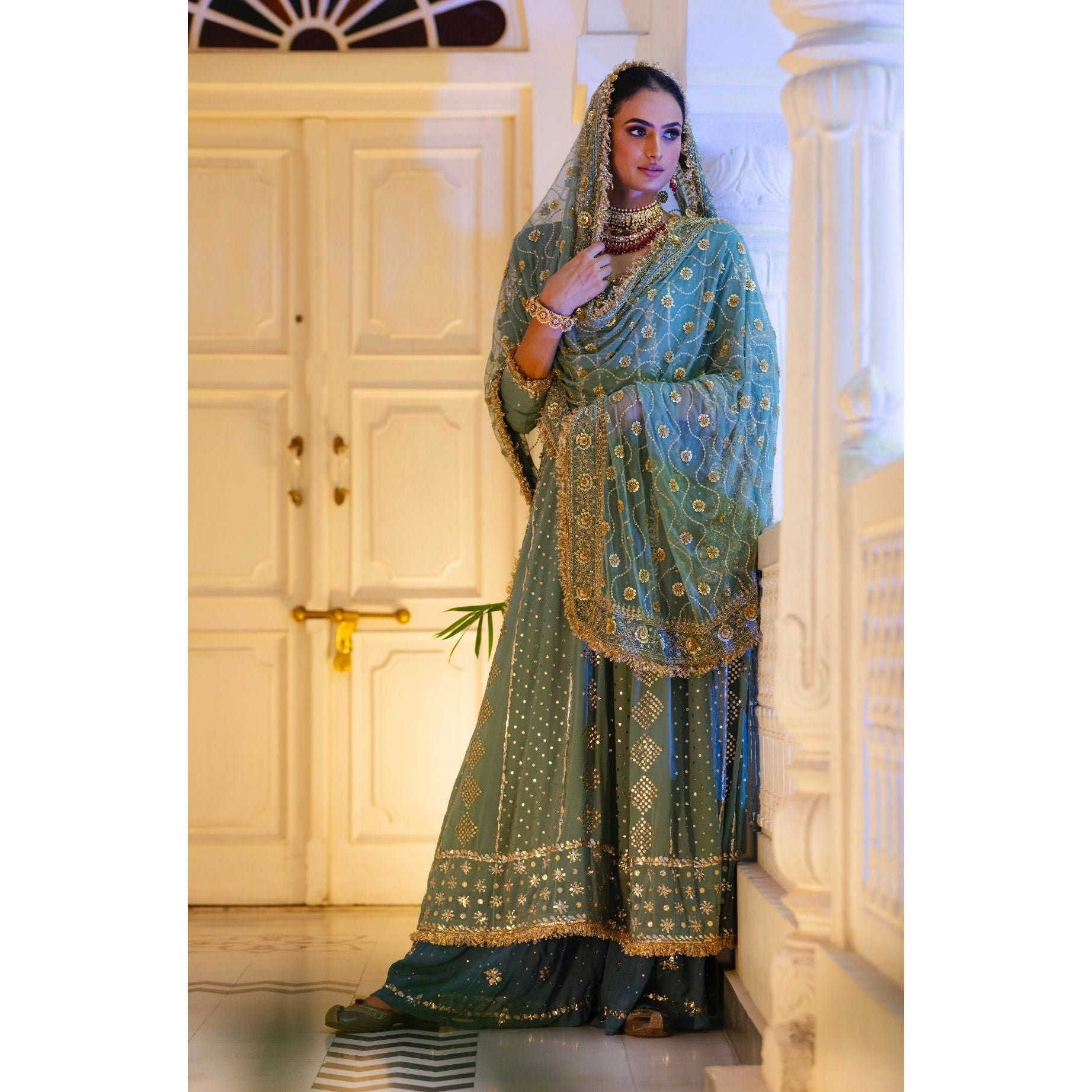 Pale Green Embroidered Sharara set - Indian Designer Bridal Wedding Outfit