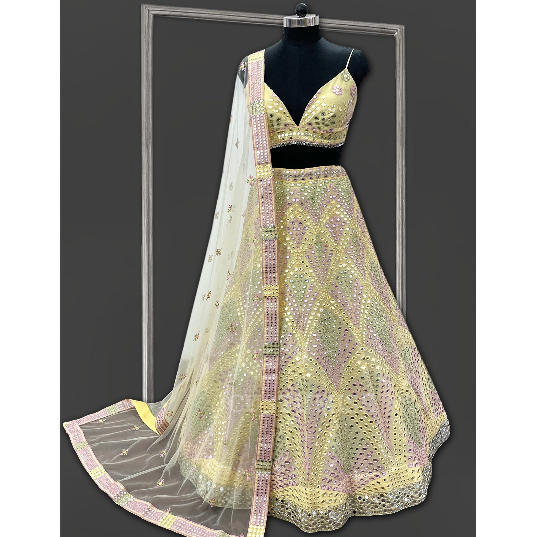 Pastel Yellow Mirror embroidered lehenga - Indian Designer Bridal Wedding Outfit