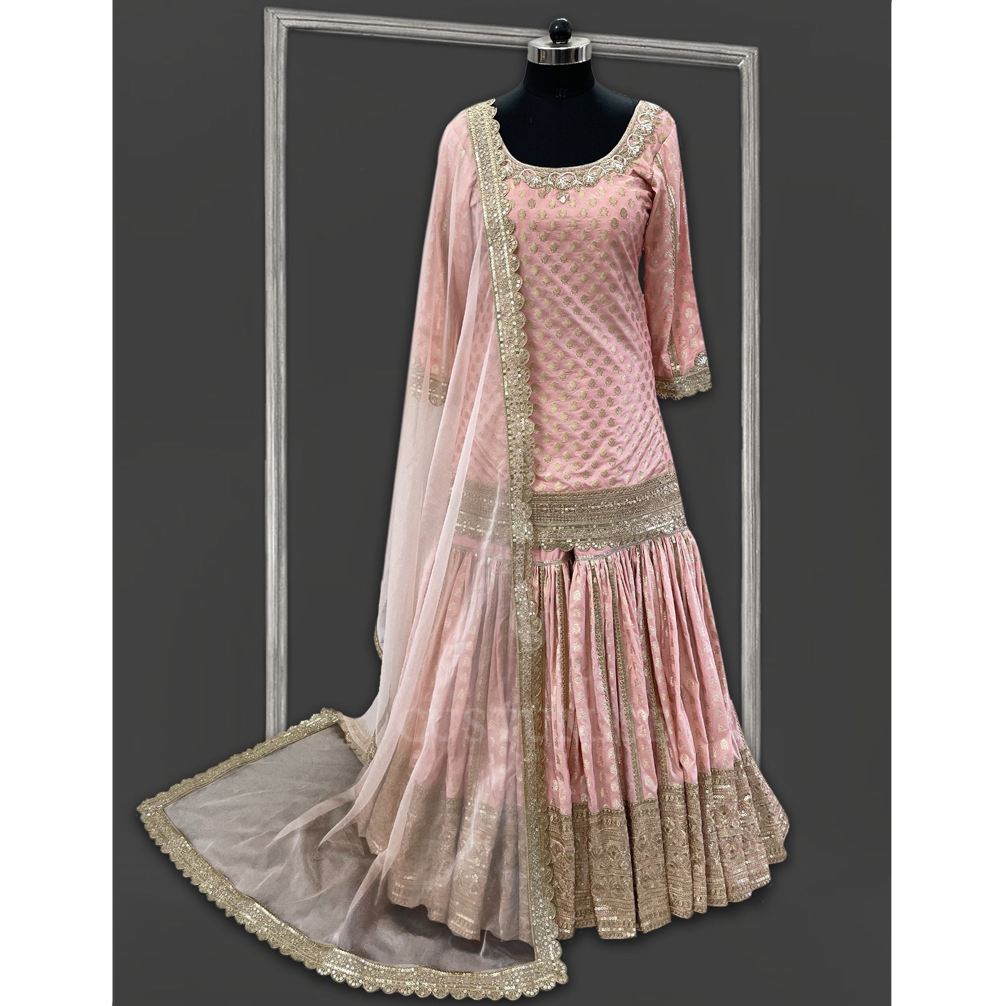 Peach and Gold Brocade Sharara Set - Indian Designer Bridal Wedding Outfit