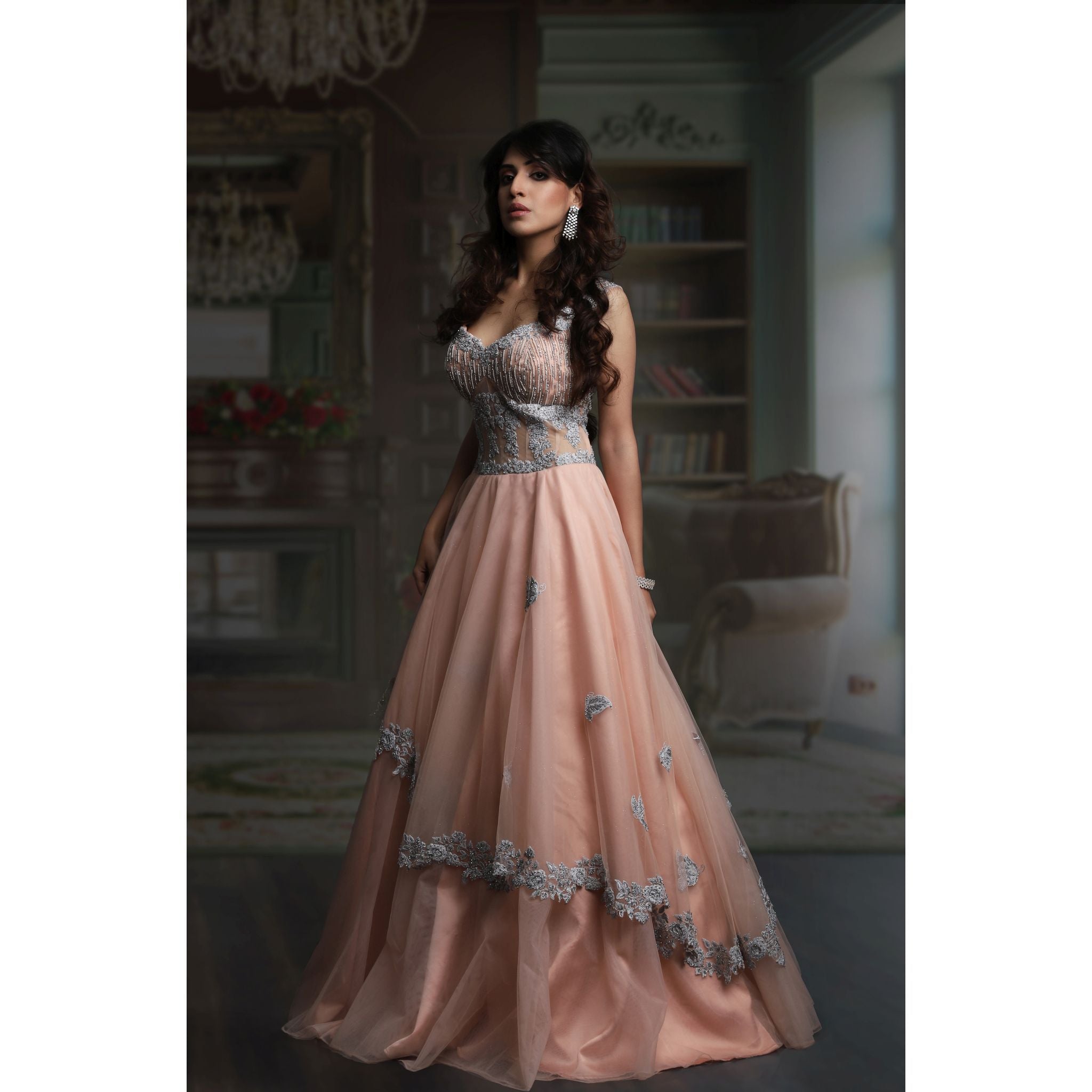 Peach Asymmetrical Gown - Indian Designer Bridal Wedding Outfit