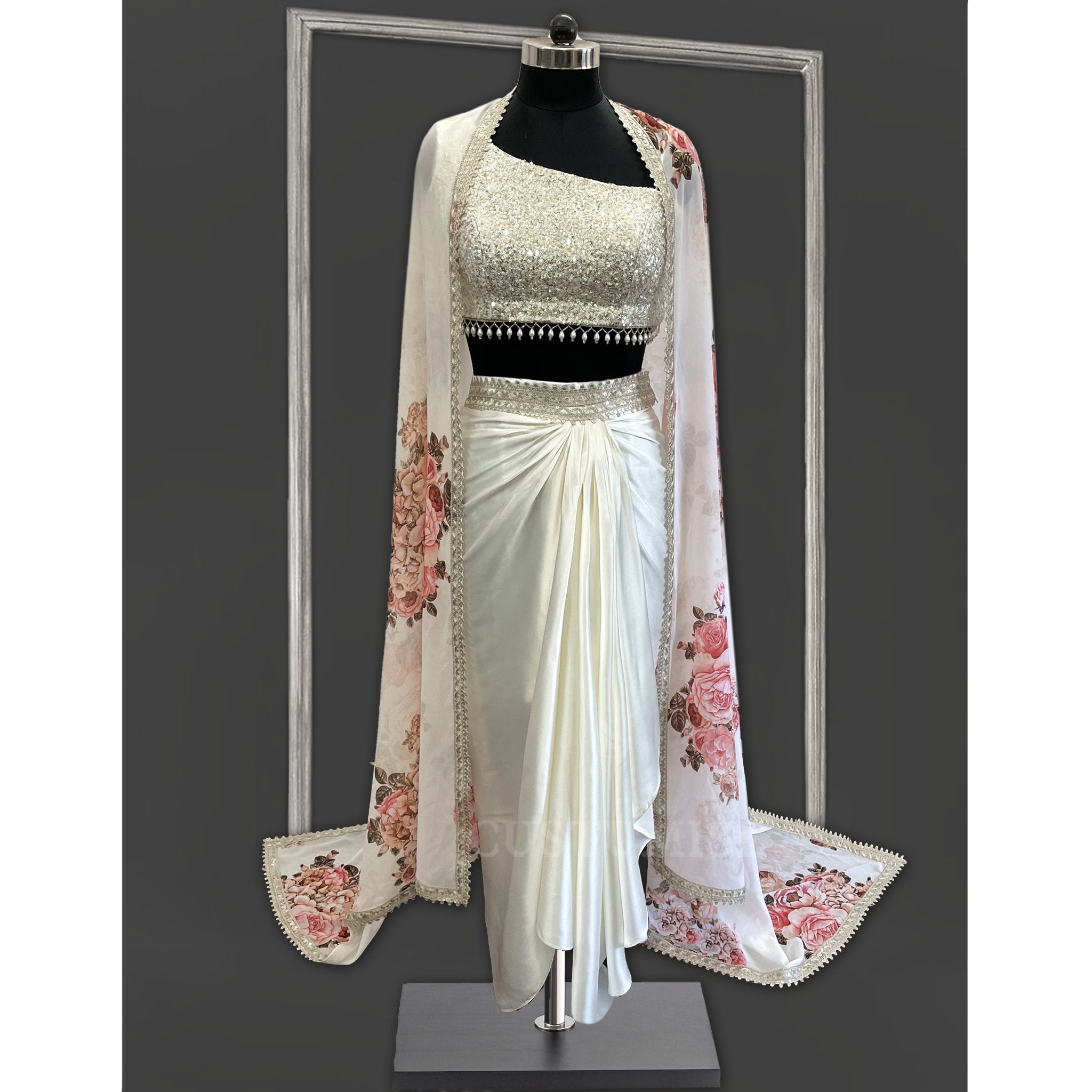 Pearl White Dhoti and Floral cape Set - Indian Designer Bridal Wedding Outfit