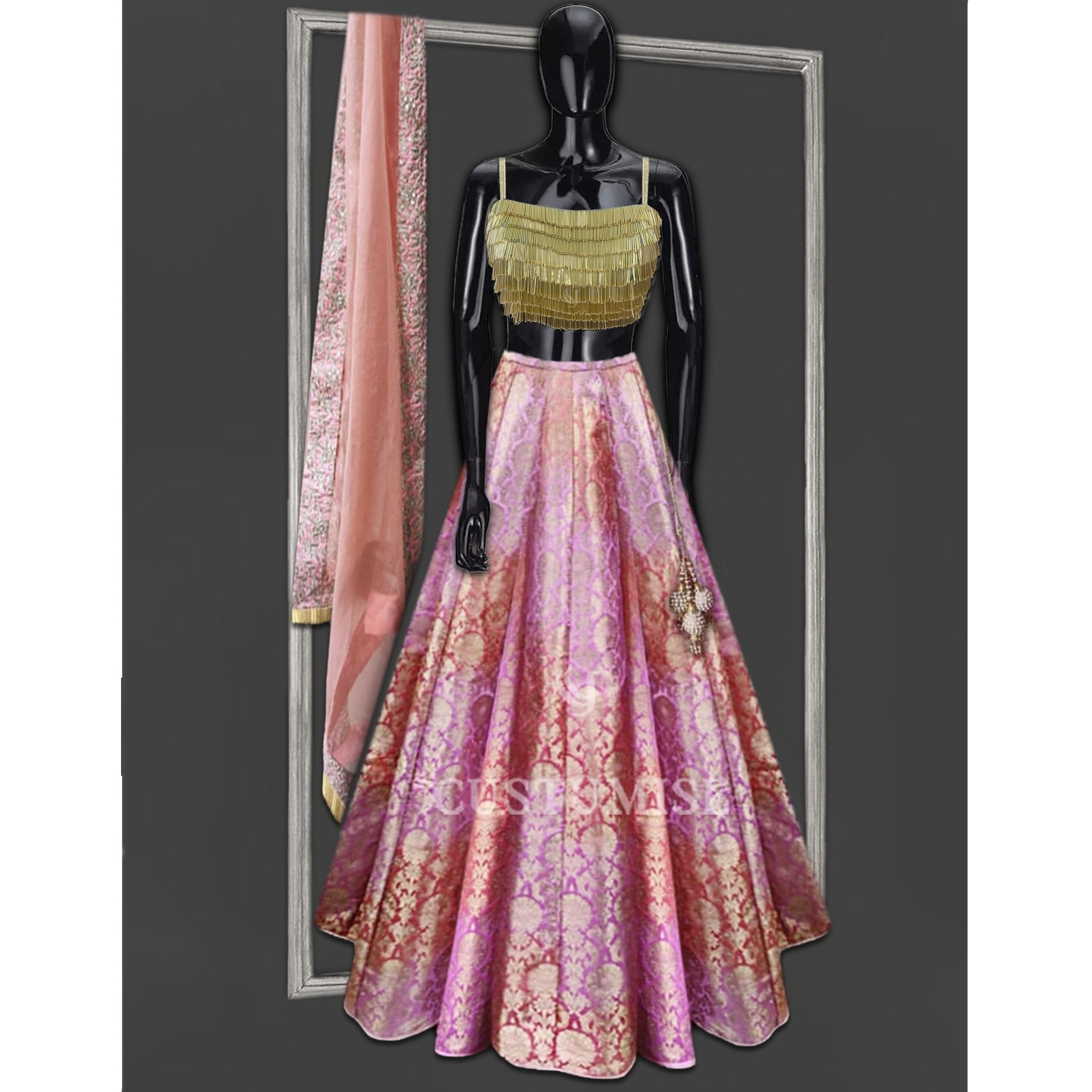 Pink and Peach Banarsi Silk lehenga - Indian Designer Bridal Wedding Outfit