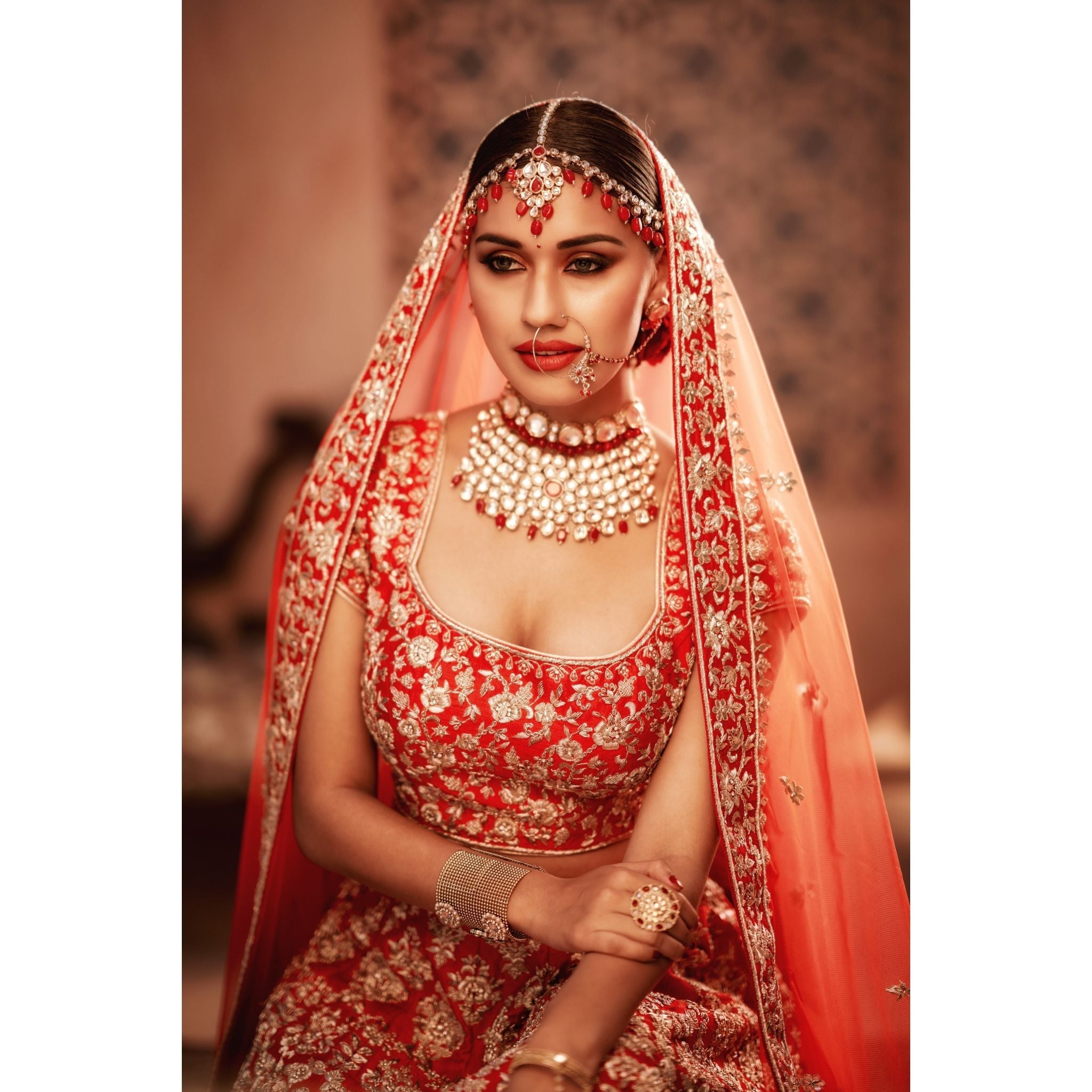 Red Honeycomb Lehenga Set - Indian Designer Bridal Wedding Outfit