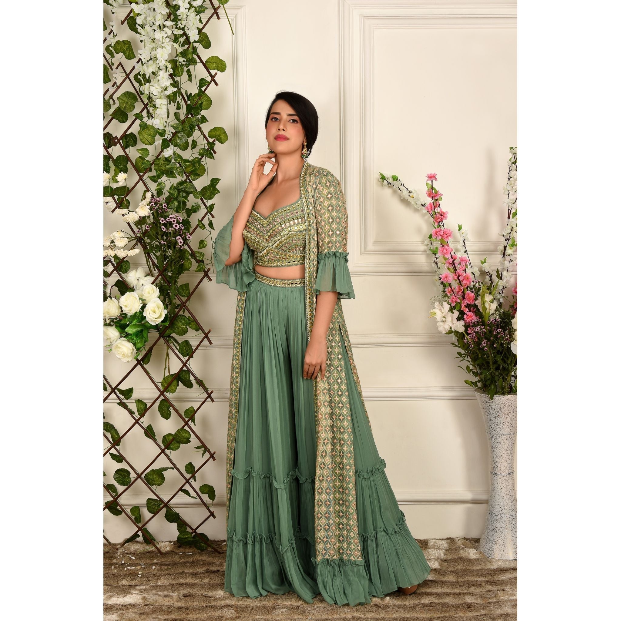 Sage Tiered Palazzo Jacket Set - Indian Designer Bridal Wedding Outfit