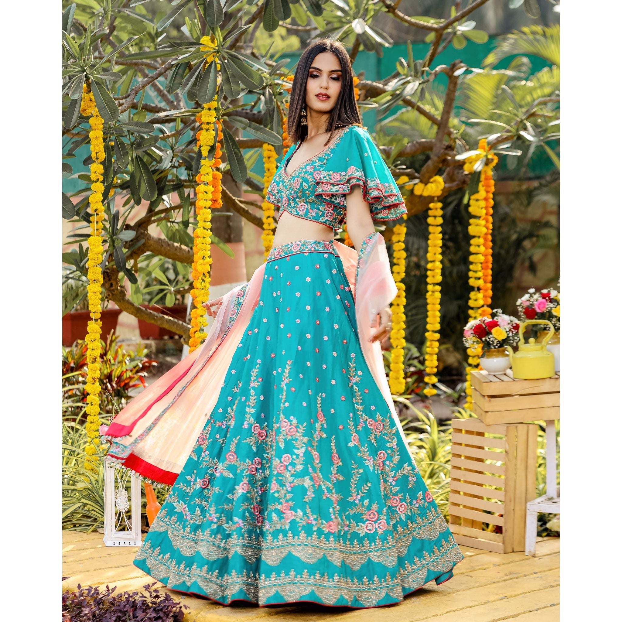 Teal Green Flared Lehenga Set - Indian Designer Bridal Wedding Outfit