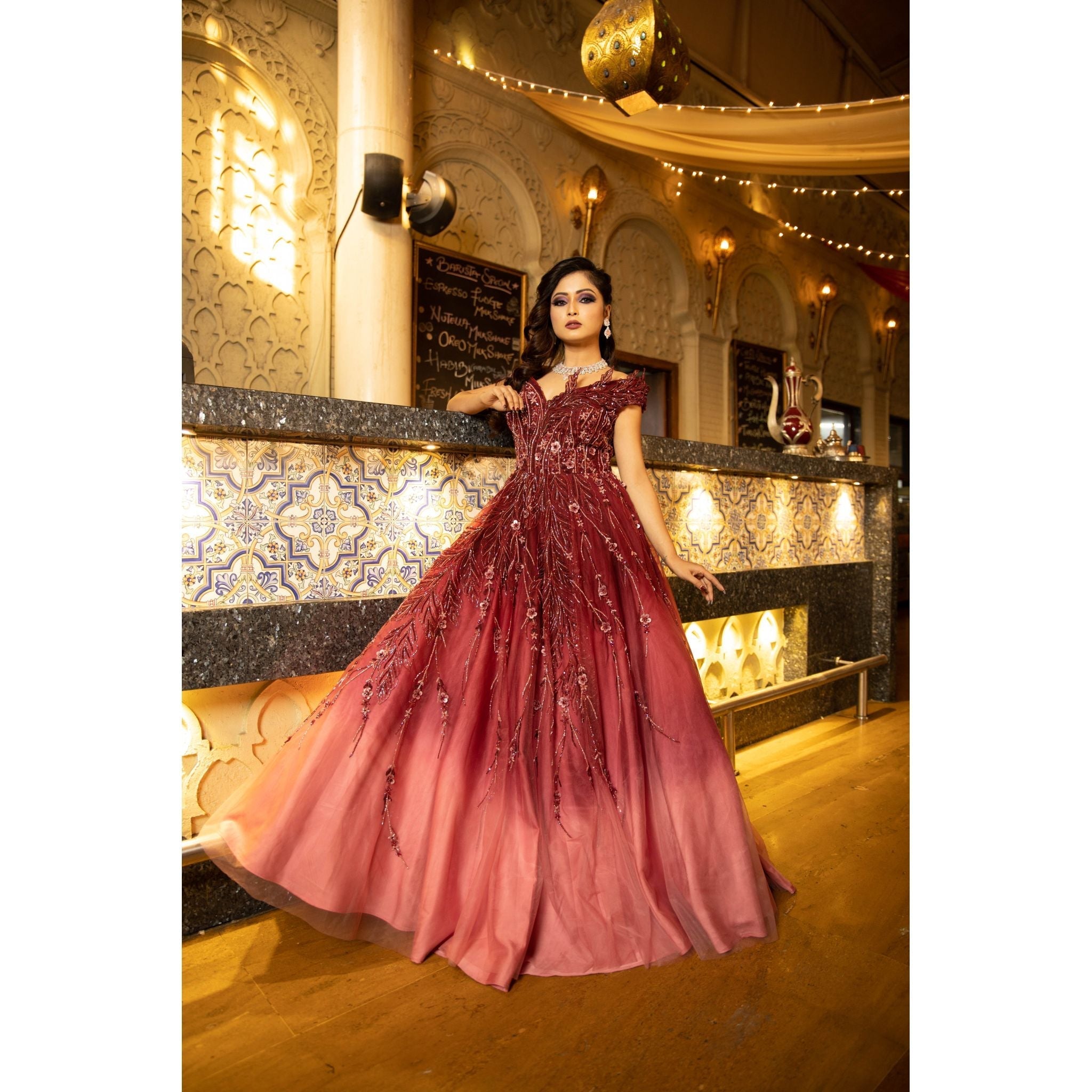 Wine and Coral Gown - Indian Designer Bridal Wedding Outfit