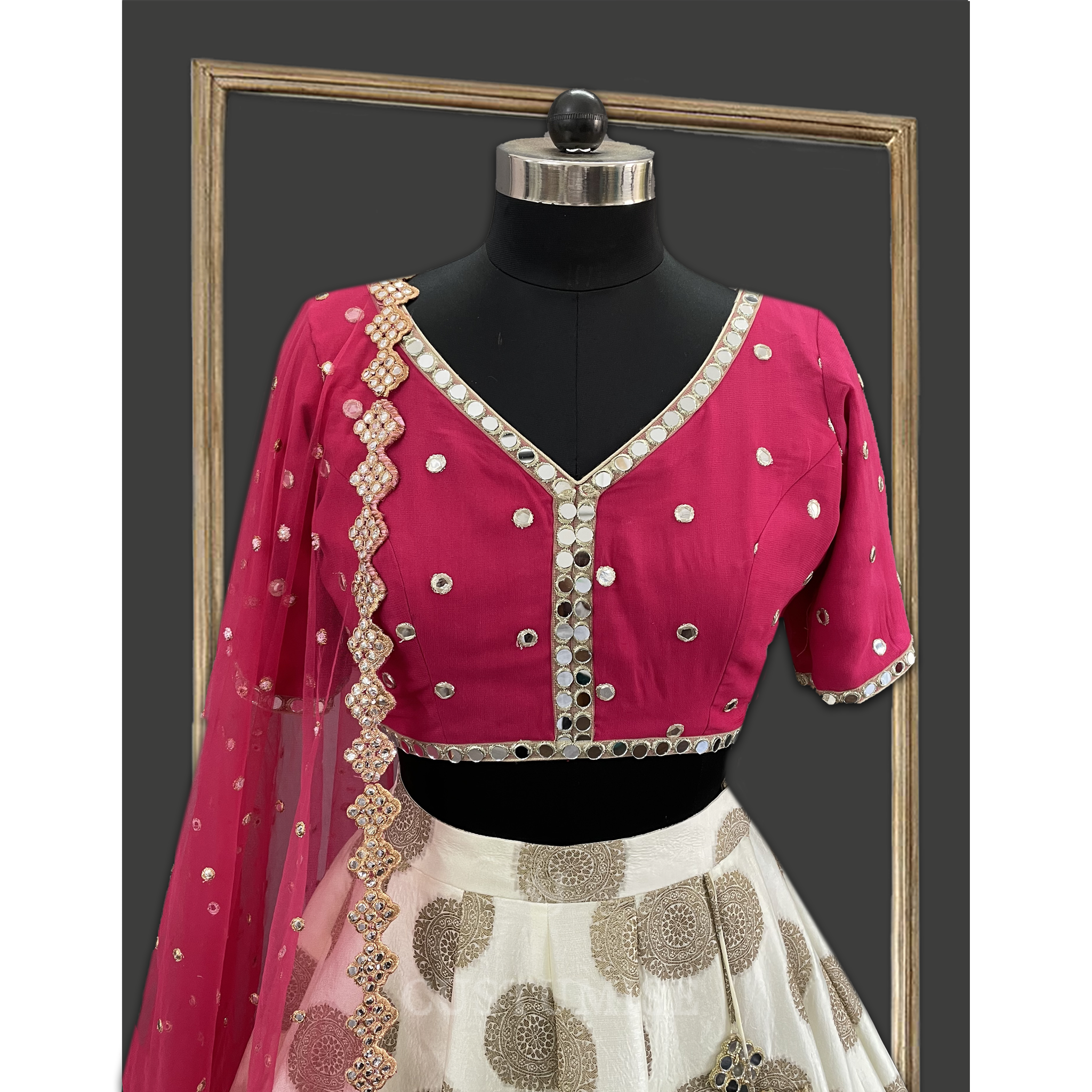 Enchanting Ivory Banarsi Lehenga: Mirror Embellished Beauty in Hot Pink