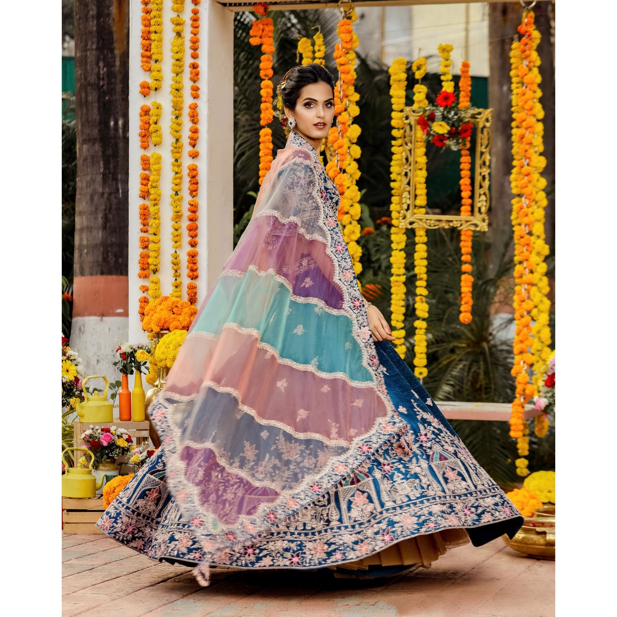 Sea Blue Nature Lehenga Set - Indian Designer Bridal Wedding Outfit