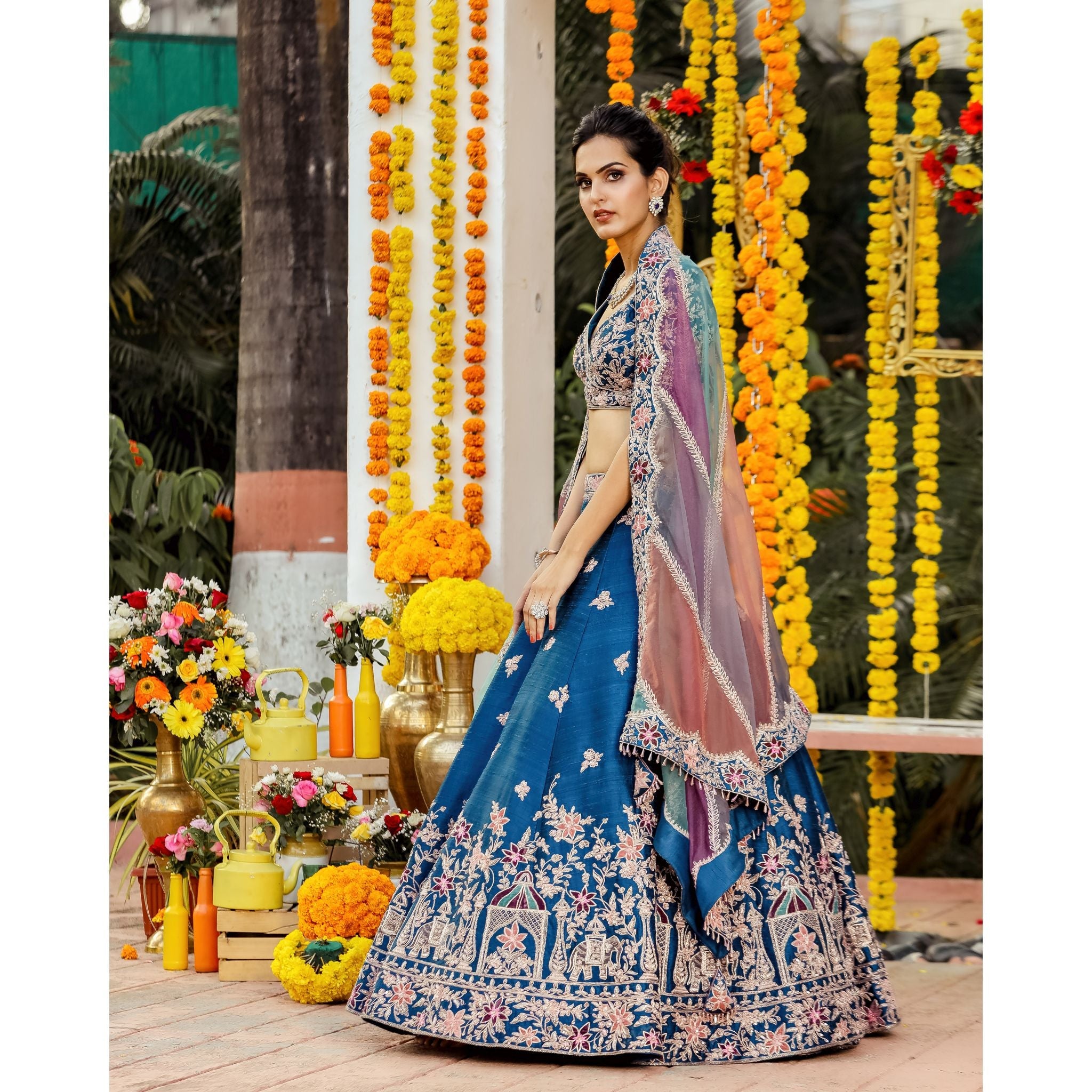 Sea Blue Nature Lehenga Set - Indian Designer Bridal Wedding Outfit