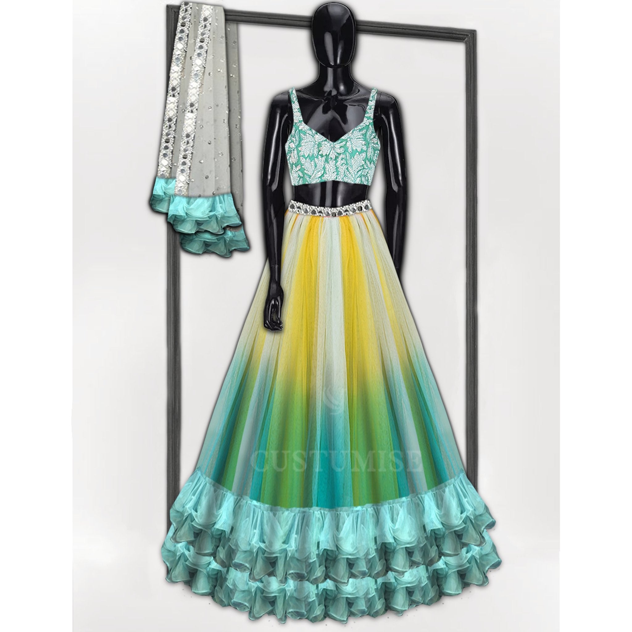 Aqua Blue shaded Lehenga with Ruffles - Indian Designer Bridal Wedding Outfit