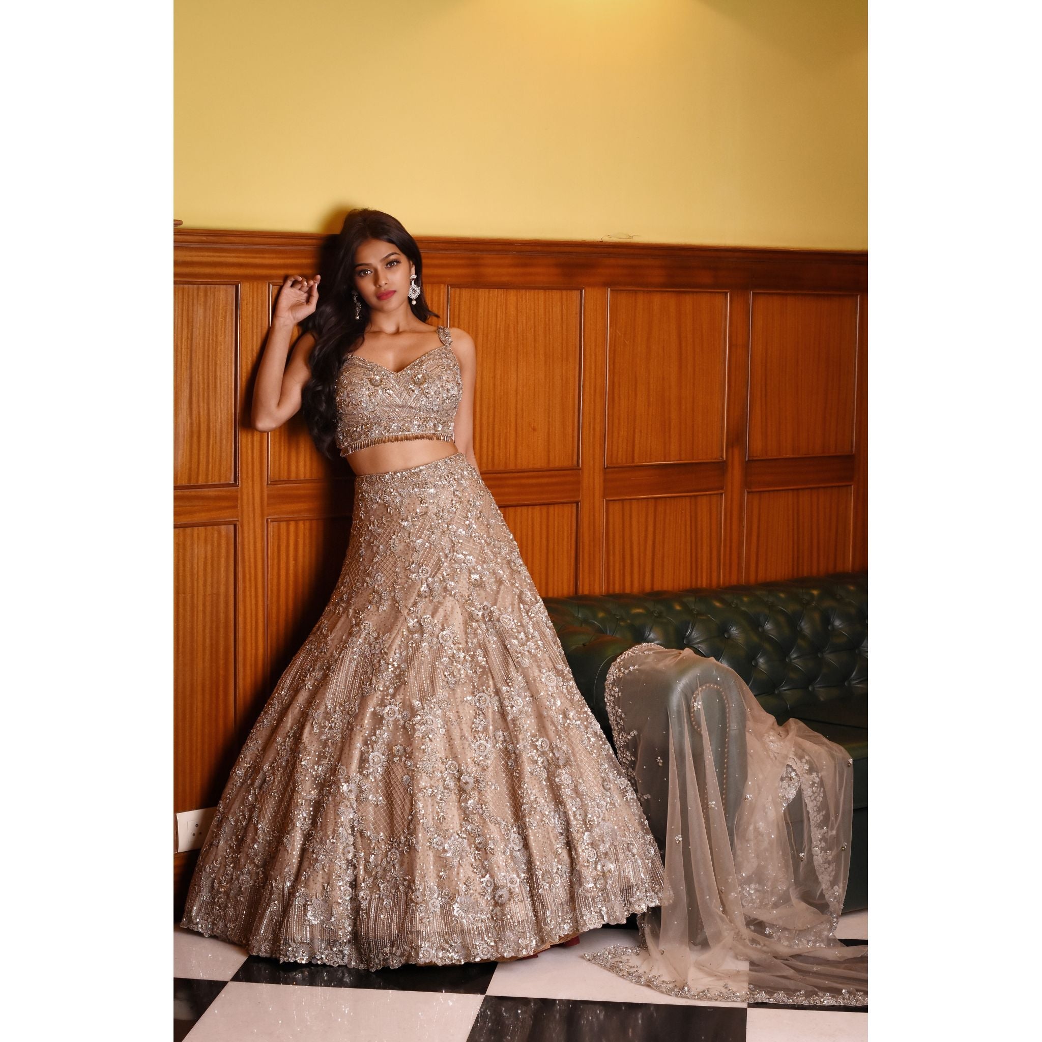 Ash Grey Studded Lehenga Set - Indian Designer Bridal Wedding Outfit