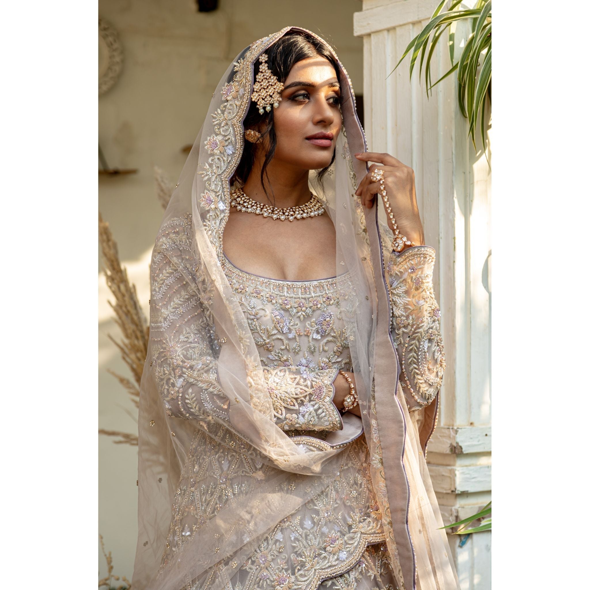 Ash Lavender Embroidered Bridal Anarkali Set - Indian Designer Bridal Wedding Outfit
