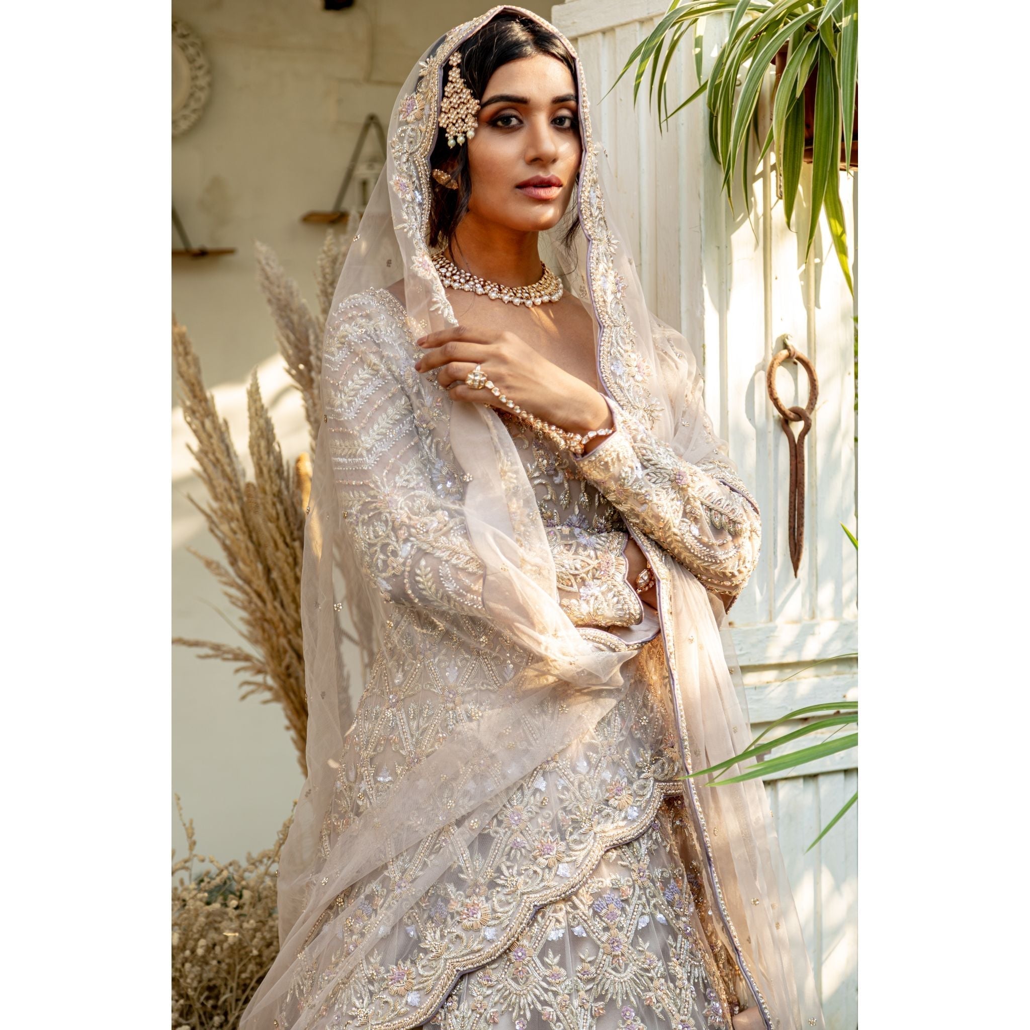Ash Lavender Embroidered Bridal Anarkali Set - Indian Designer Bridal Wedding Outfit