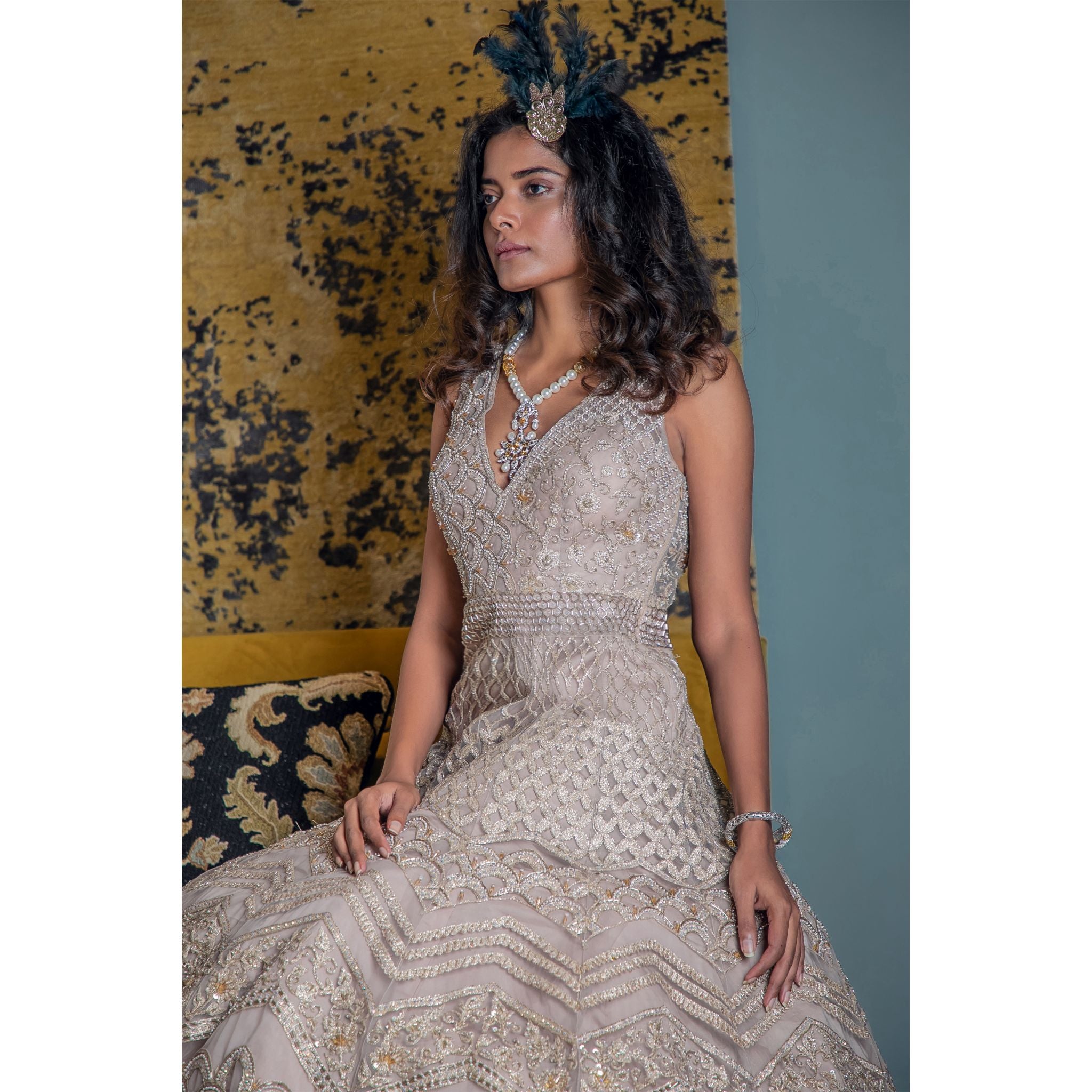 Beige Geometric Embroidered Gown - Indian Designer Bridal Wedding Outfit