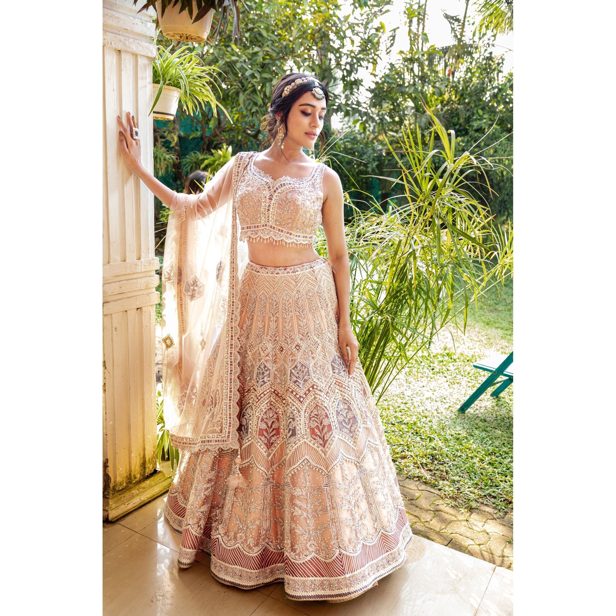 Beige Gold Lehenga Set - Indian Designer Bridal Wedding Outfit