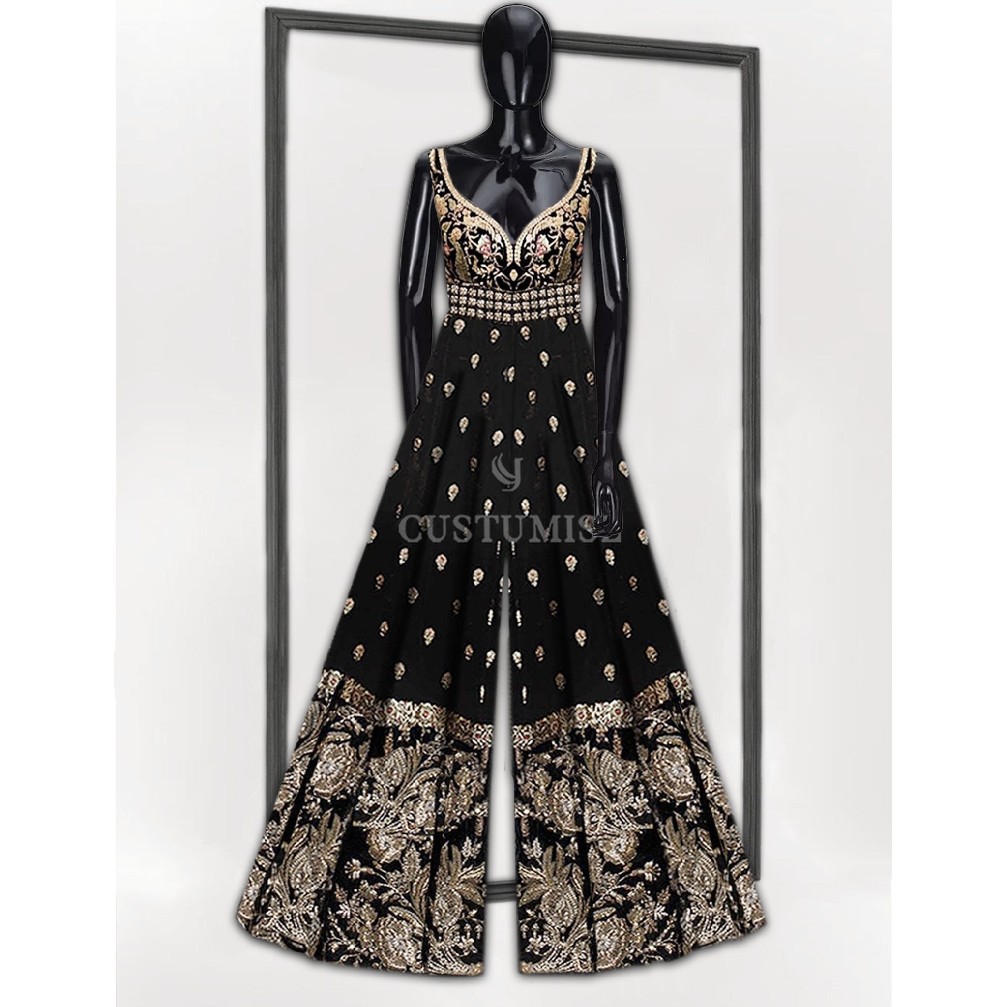 Black Antique embroidered Jumpsuit - Indian Designer Bridal Wedding Outfit