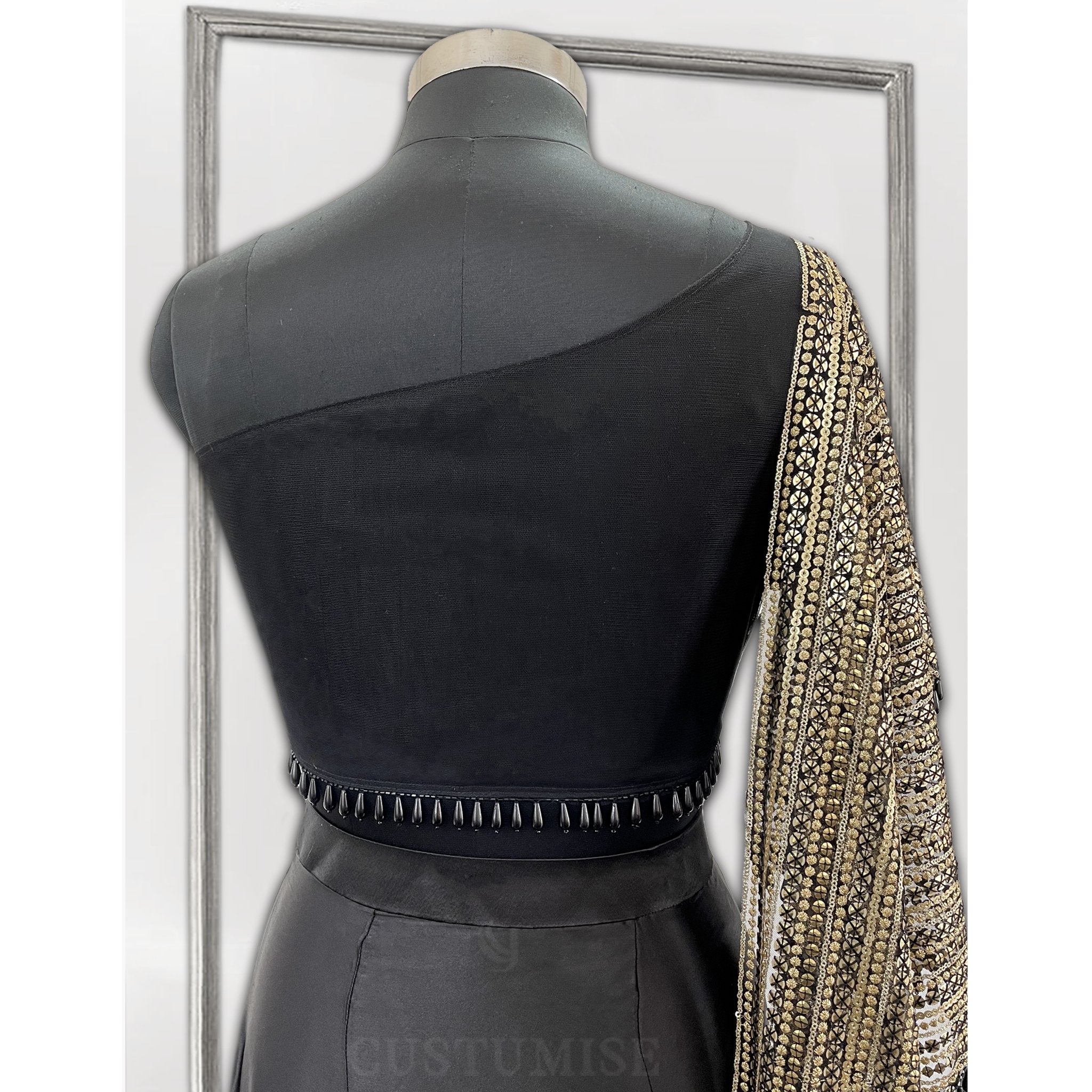 Black & Gold Draped Dhoti Skirt Set - Indian Designer Bridal Wedding Outfit