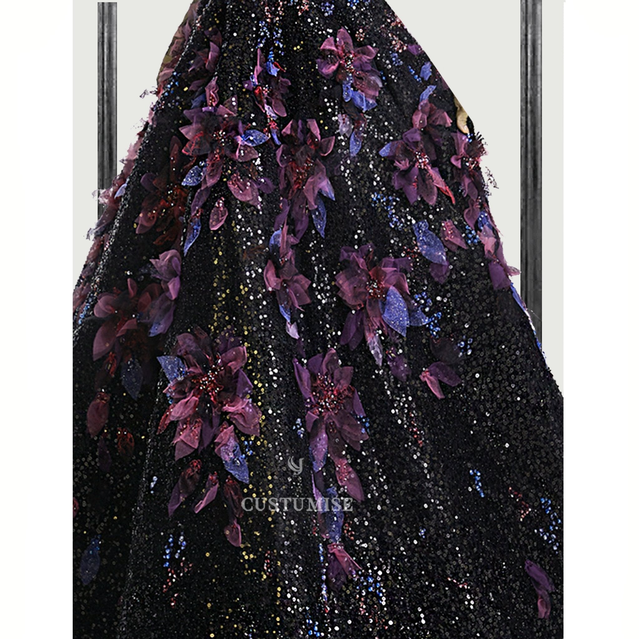 Black Sequenced 3Dfloral gown. - Indian Designer Bridal Wedding Outfit