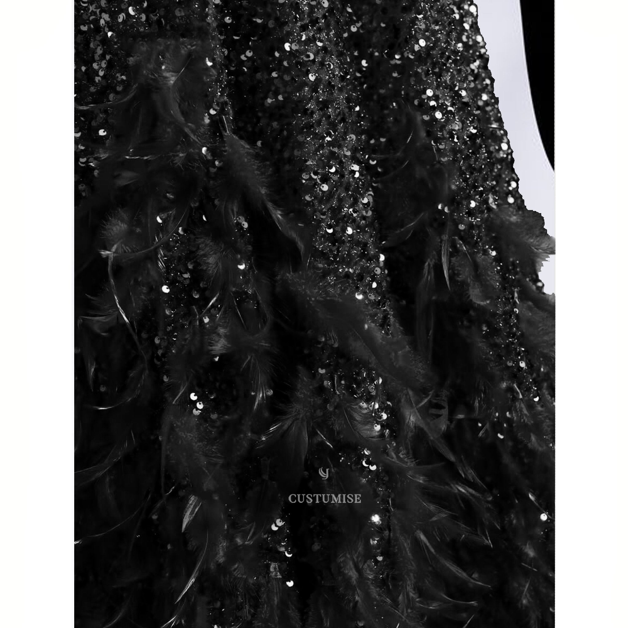 Black Sequenced and Feather gown. - Indian Designer Bridal Wedding Outfit