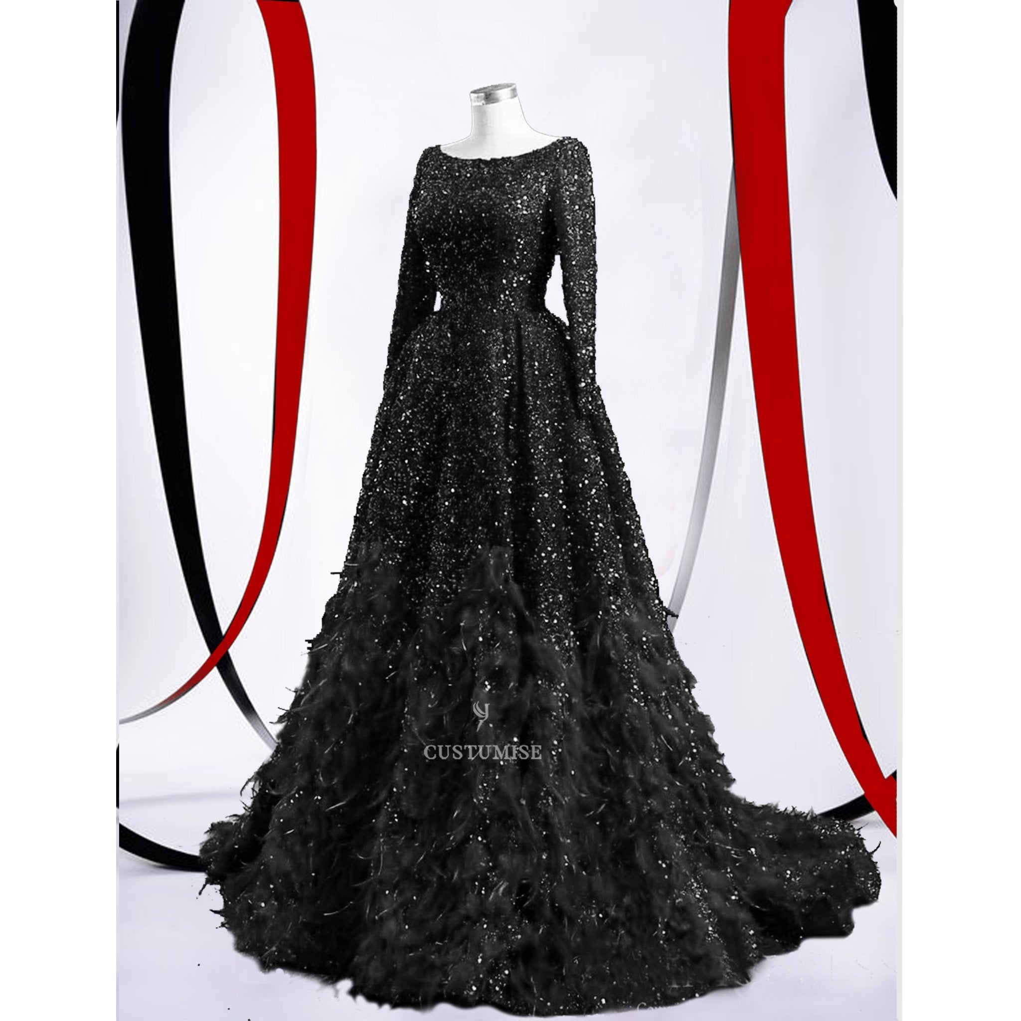 Black Sequenced and Feather gown. - Indian Designer Bridal Wedding Outfit
