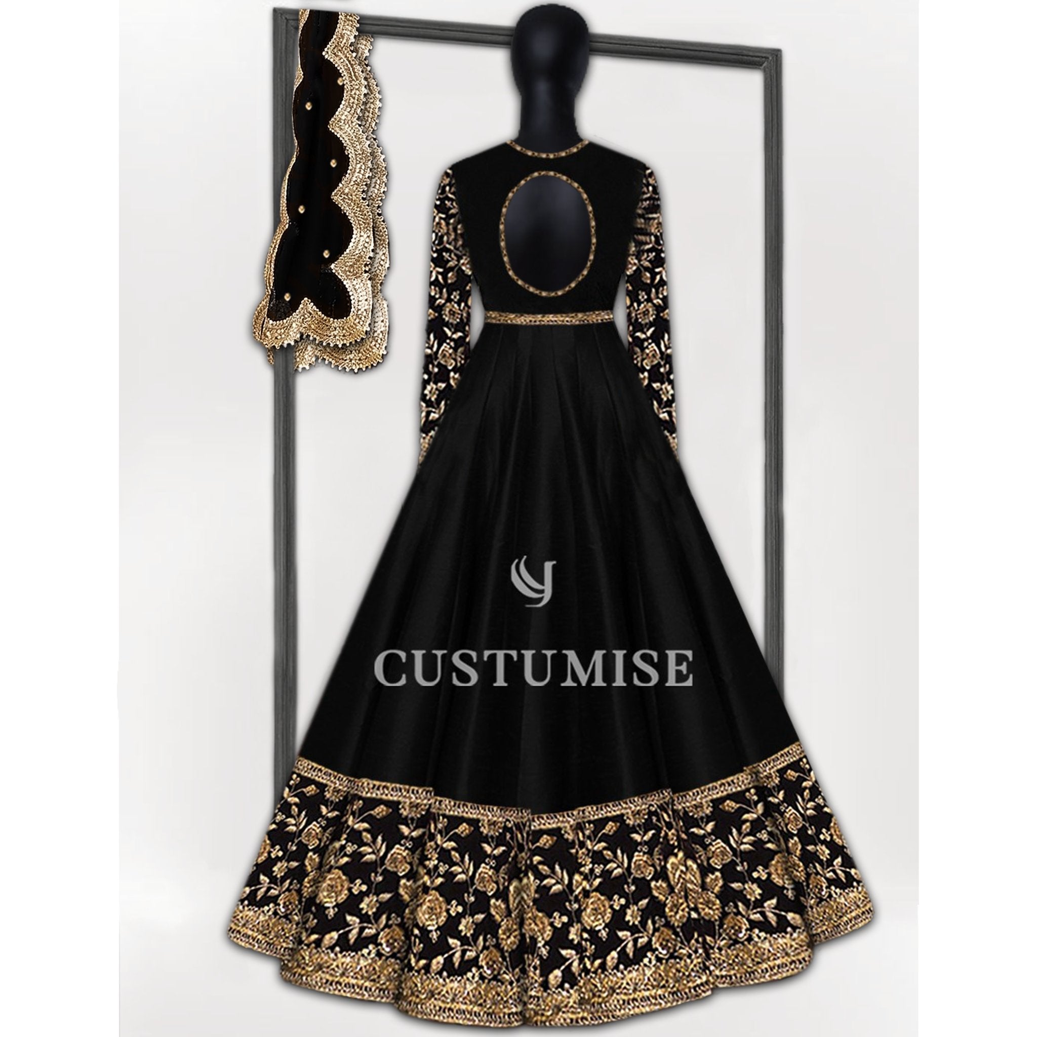 Black Silk embroidered Anarkali - Indian Designer Bridal Wedding Outfit