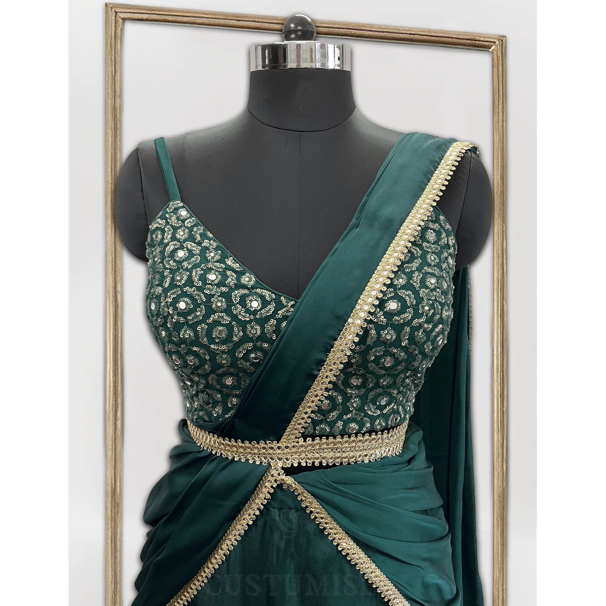 Bottle Green Draped saree - Indian Designer Bridal Wedding Outfit