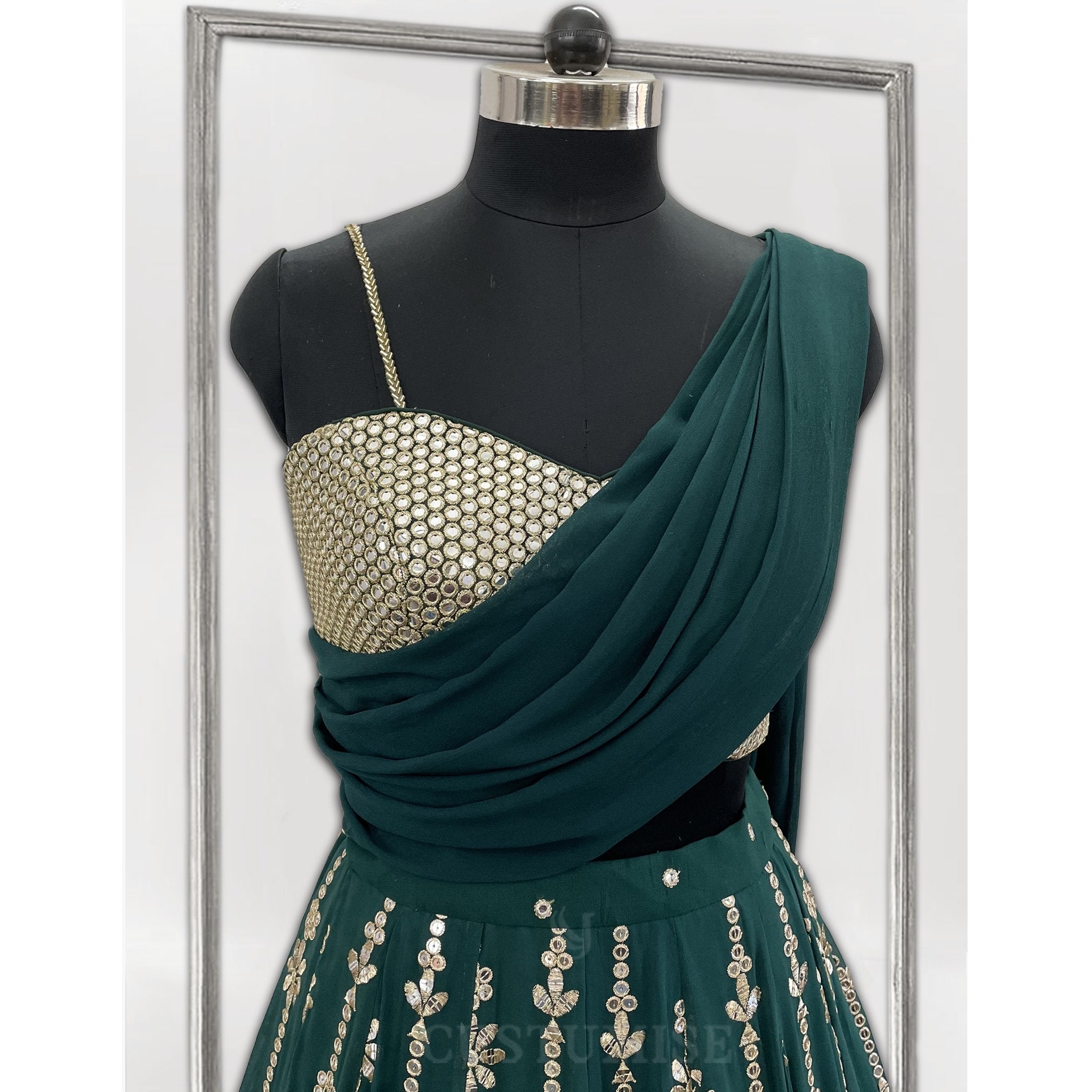 Bottle green Mirror and Sequence Embroidered lehenga - Indian Designer Bridal Wedding Outfit