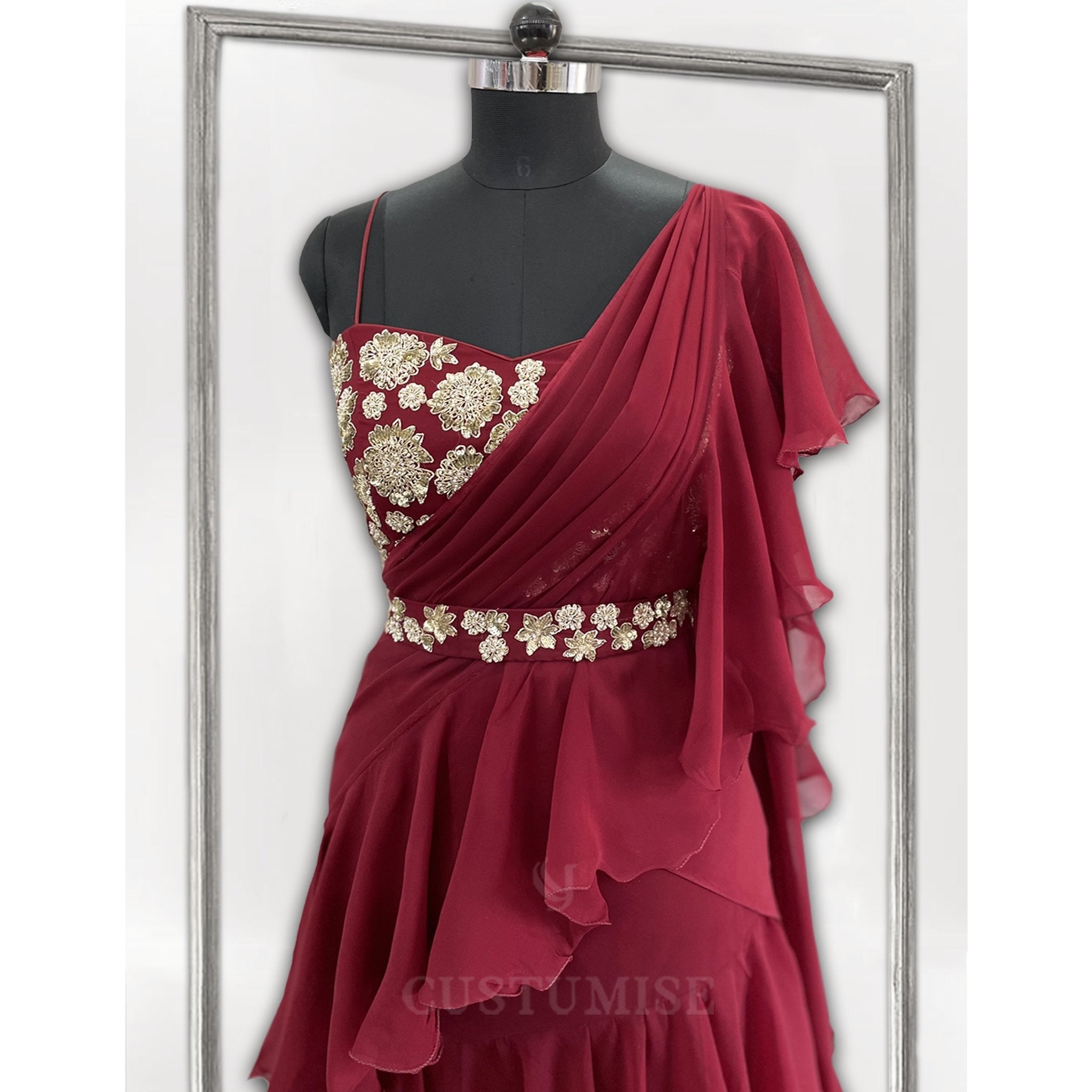 Burgundy Red Draped saree - Indian Designer Bridal Wedding Outfit