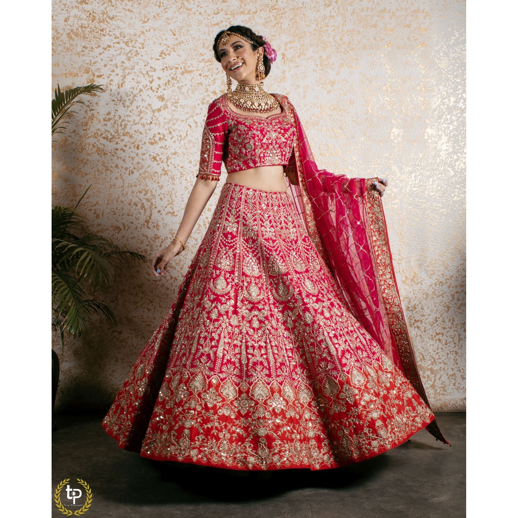 Cerise Pink And Red Lehenga Set - Indian Designer Bridal Wedding Outfit