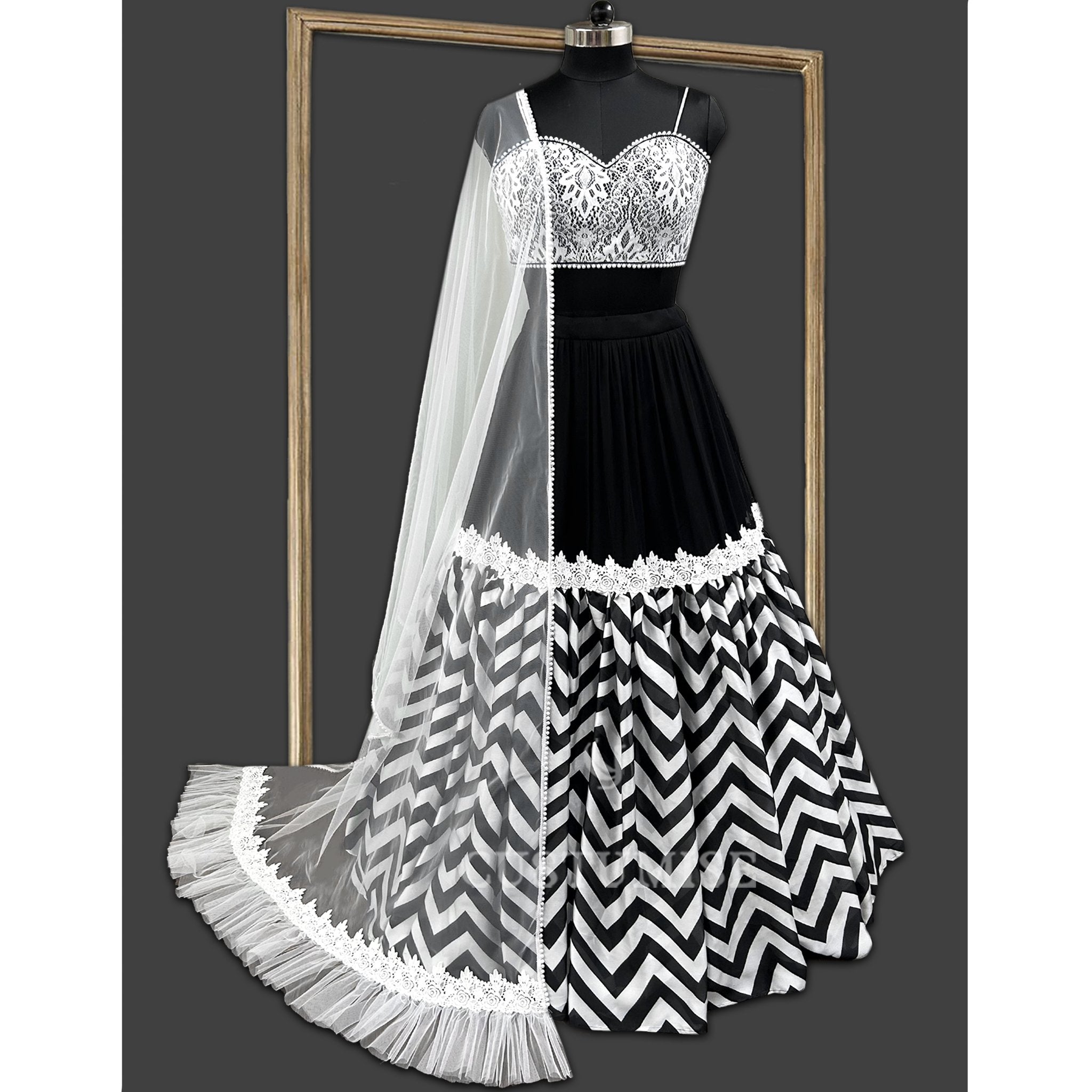 Chic Black & White Chevron Lehenga Set - Indian Designer Bridal Wedding Outfit
