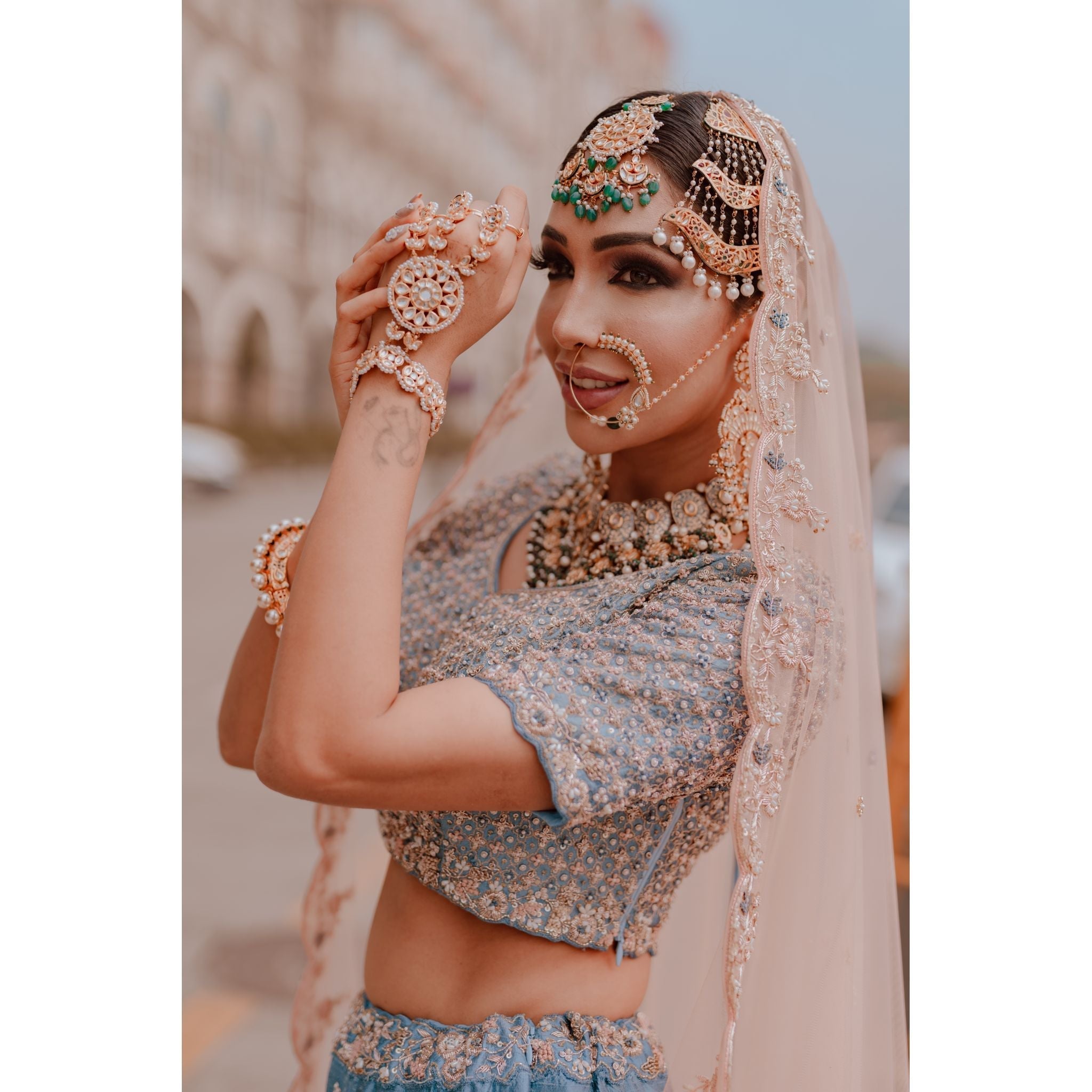 Cobalt Blue and Peach Lehenga Set - Indian Designer Bridal Wedding Outfit