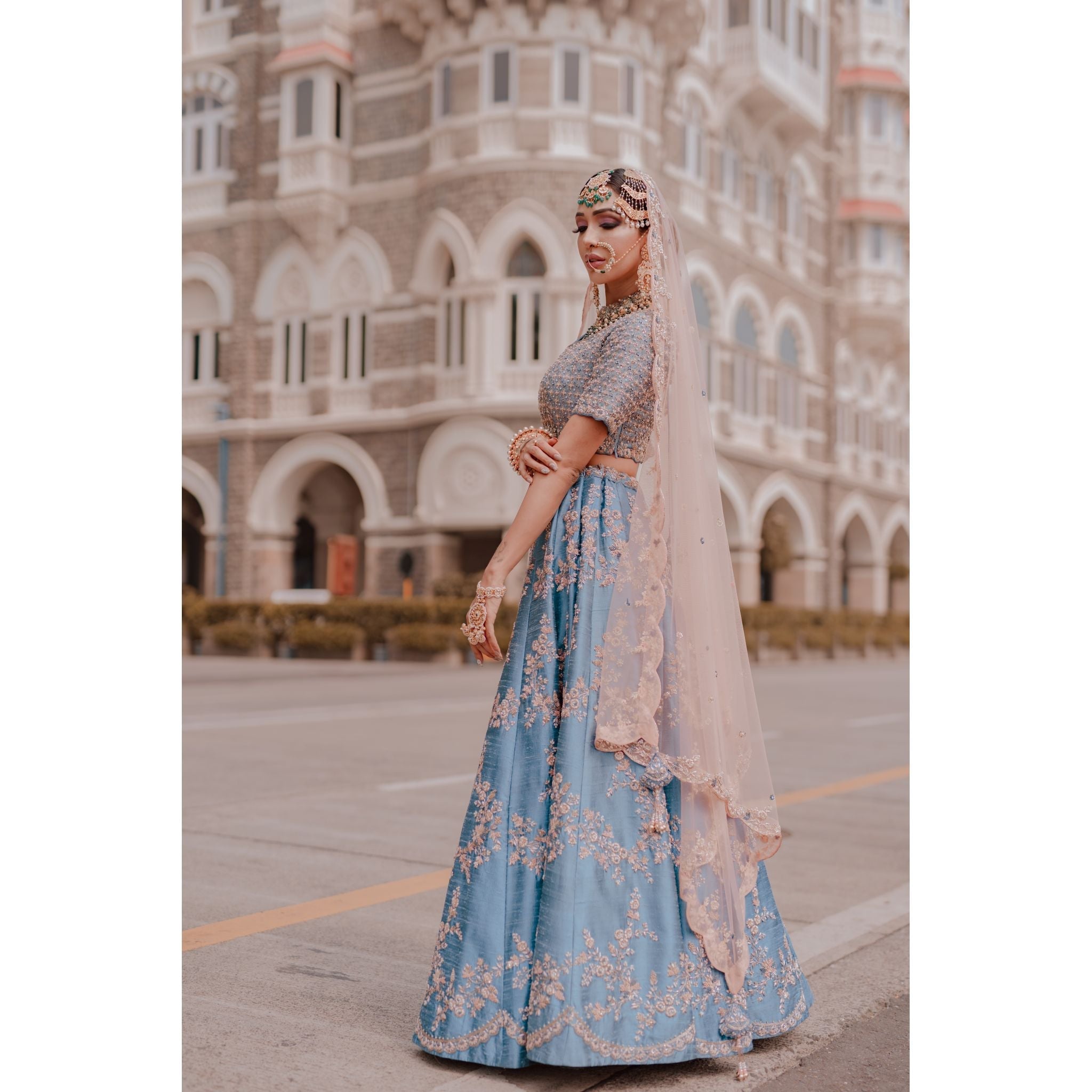Cobalt Blue and Peach Lehenga Set - Indian Designer Bridal Wedding Outfit