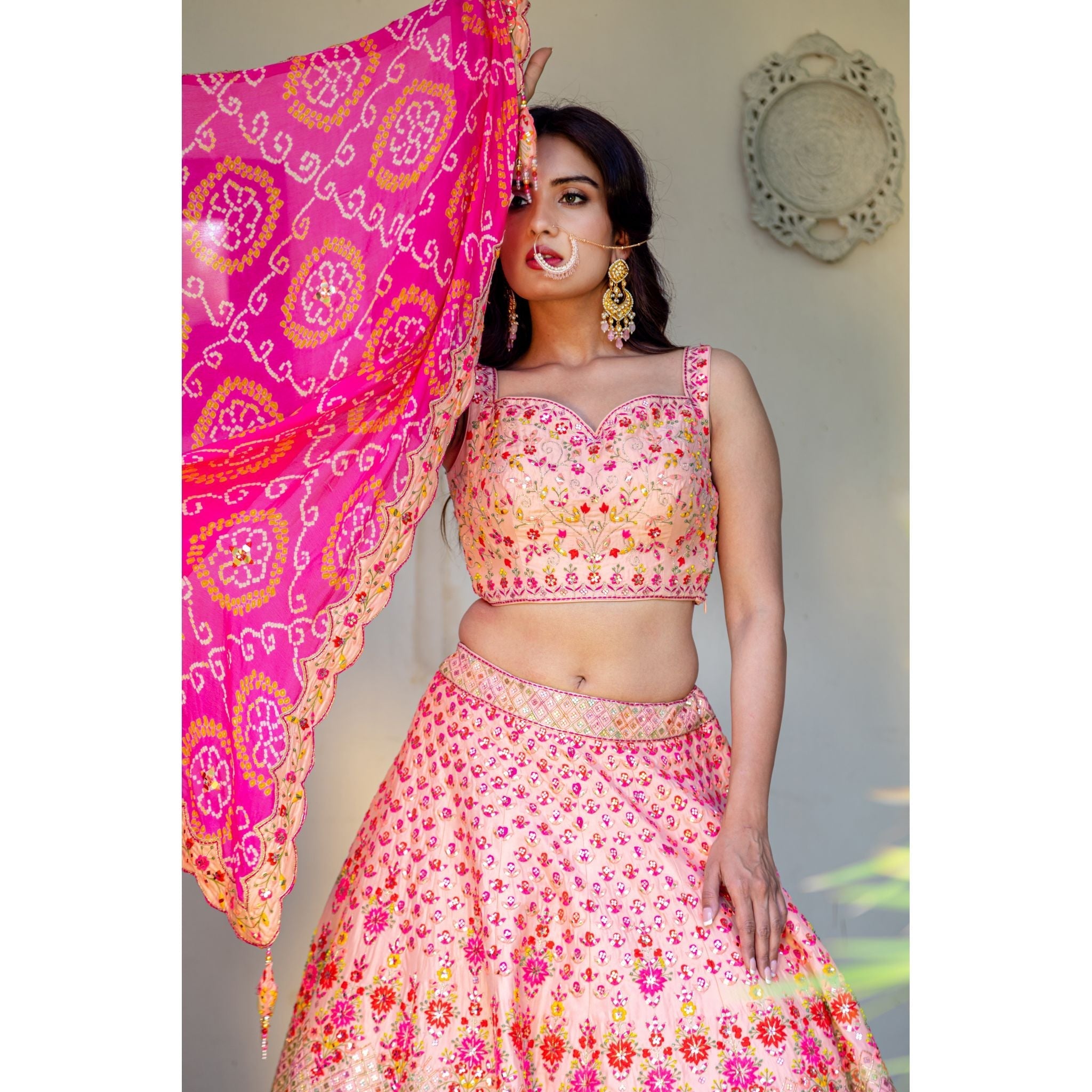 Coral And Pink Resham Lehenga Set - Indian Designer Bridal Wedding Outfit
