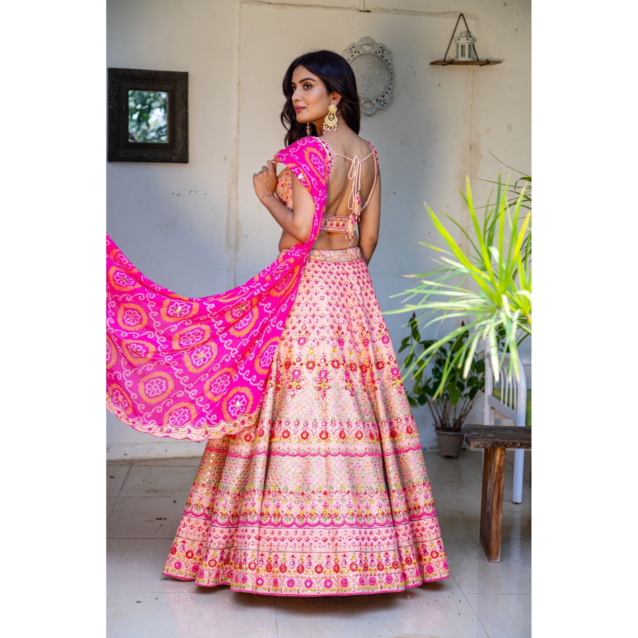 Coral And Pink Resham Lehenga Set - Indian Designer Bridal Wedding Outfit