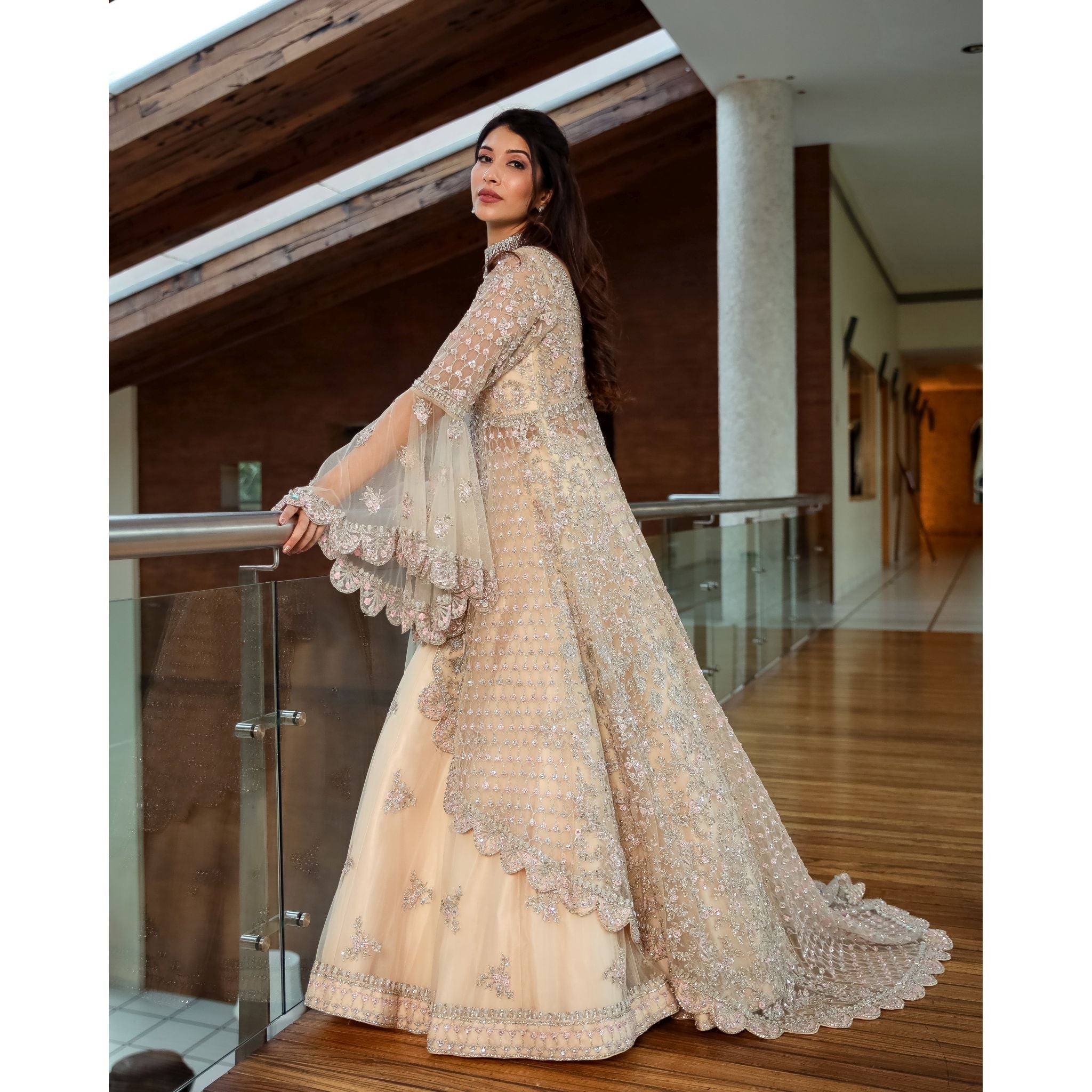 Cream Anarkali Lehenga Set with Trail - Indian Designer Bridal Wedding Outfit