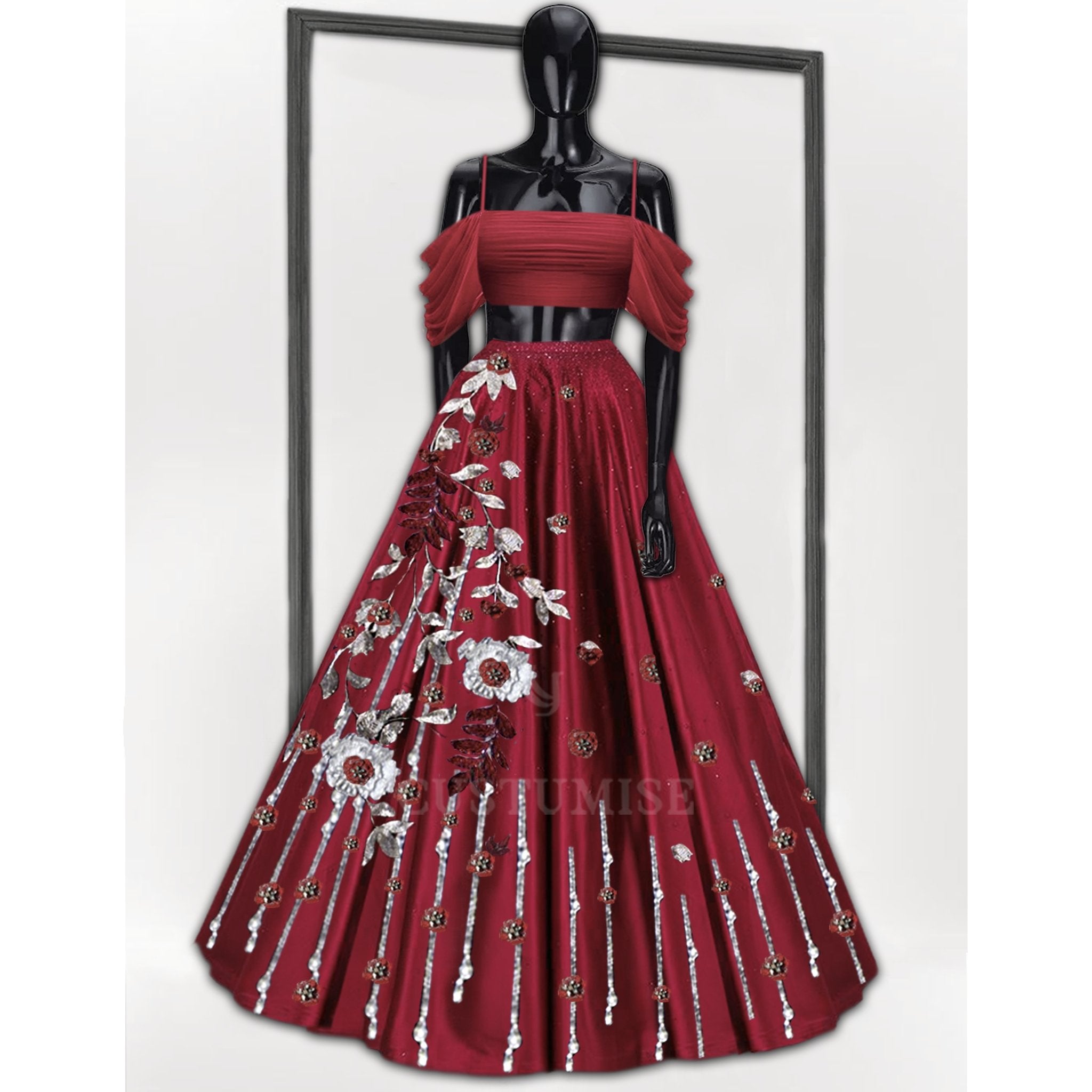 Crimson Red Embroidered Skirt Set - Indian Designer Bridal Wedding Outfit