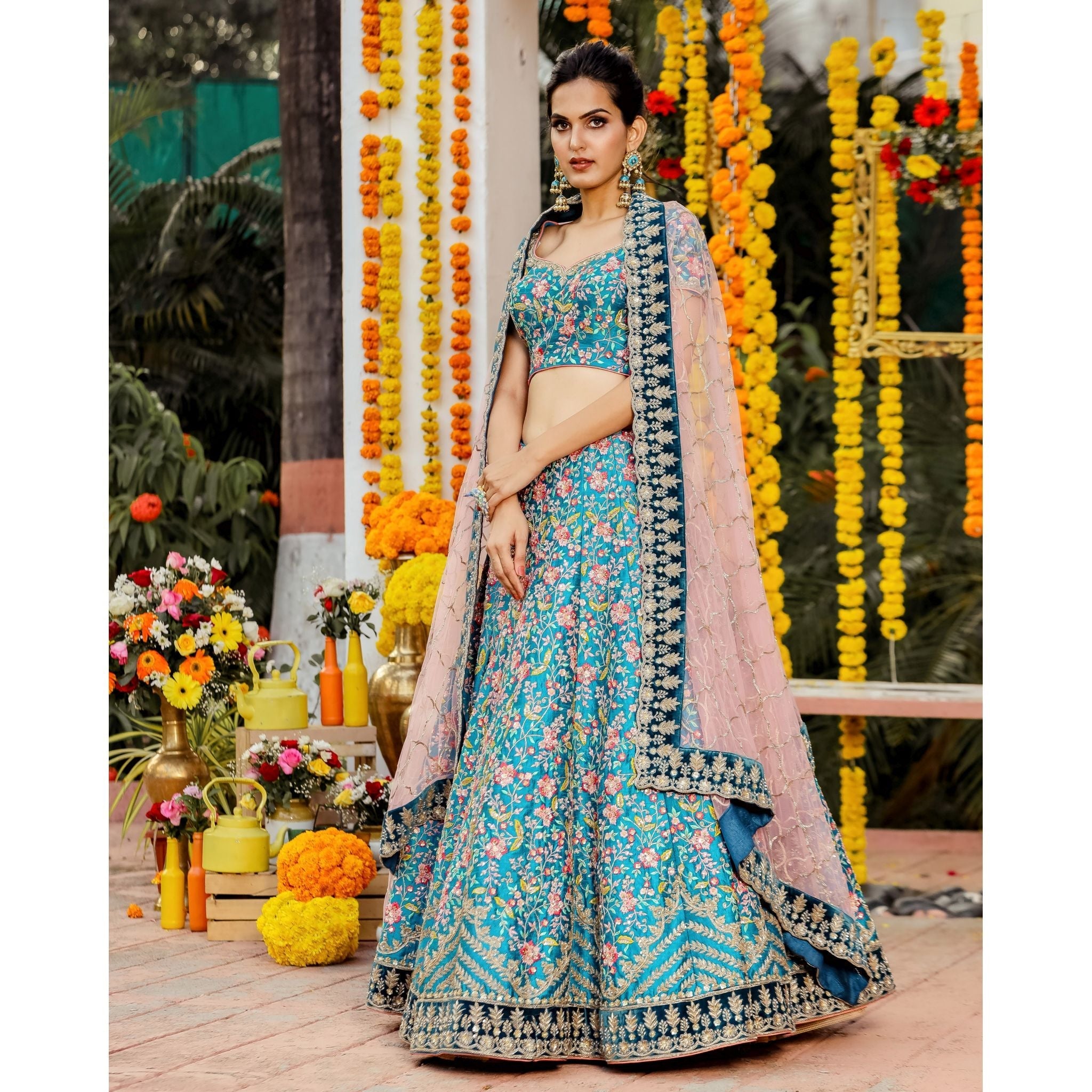 Cyan Blue Floral Lehenga Set - Indian Designer Bridal Wedding Outfit