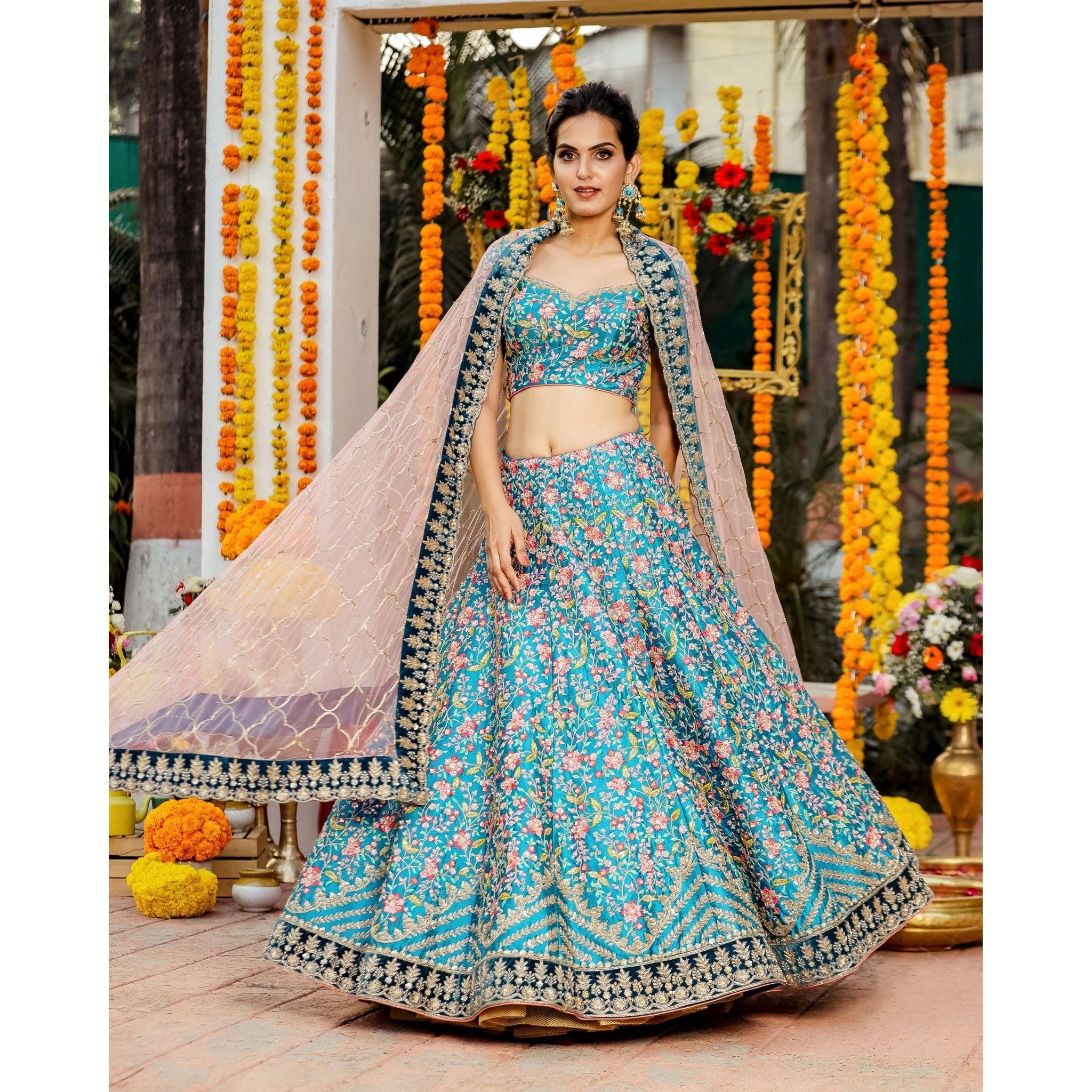 Cyan Blue Floral Lehenga Set - Indian Designer Bridal Wedding Outfit
