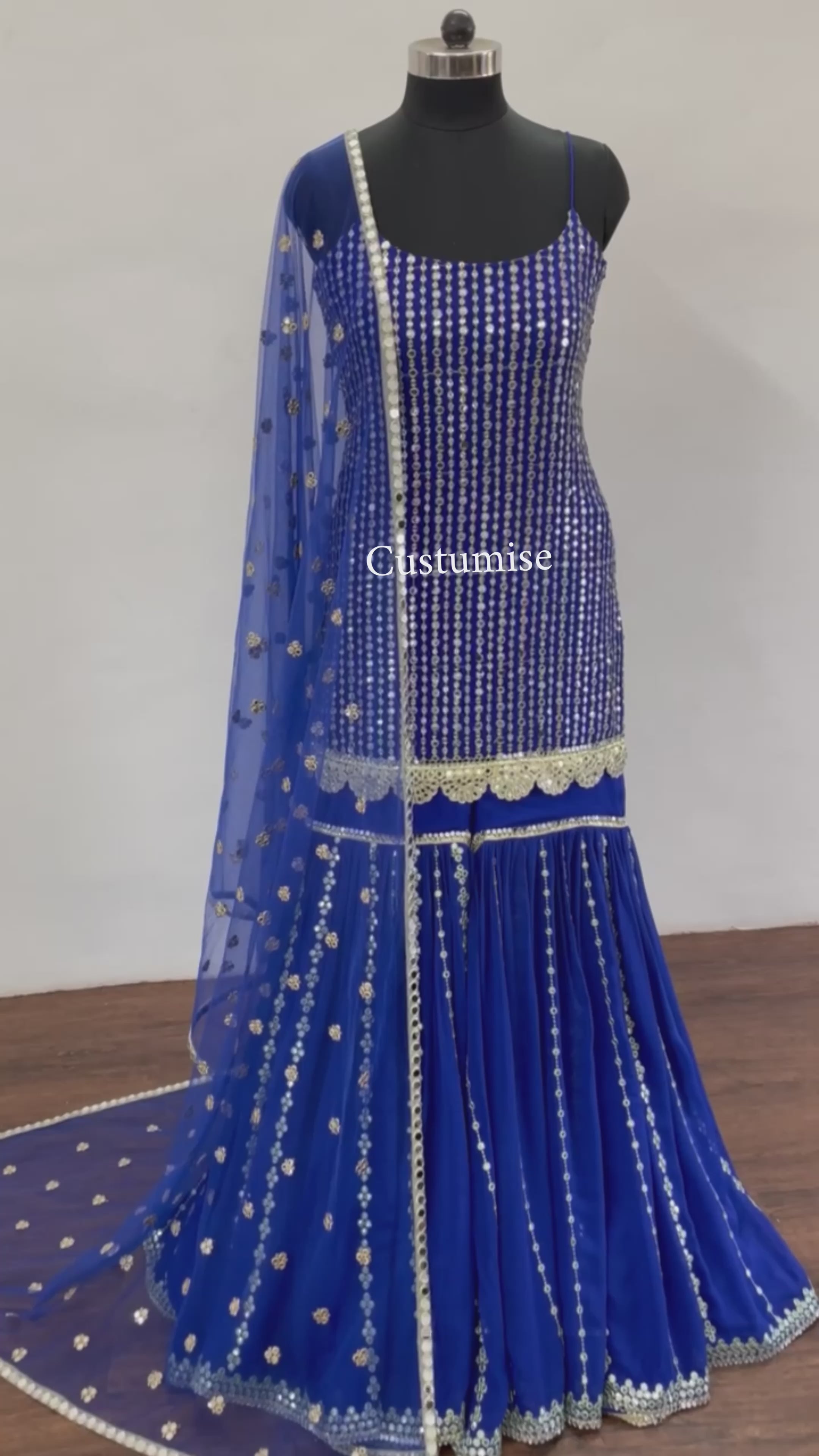 Royal Blue Abla Mirror Embroidered Sharara Set