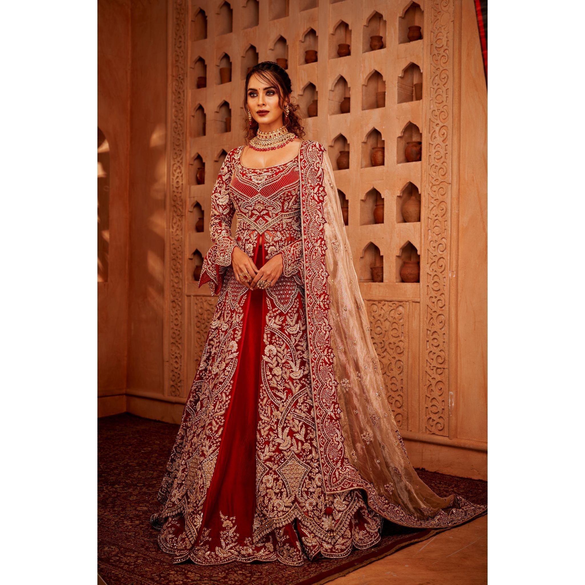 Deep Red And Gold Anarkali Lehenga - Indian Designer Bridal Wedding Outfit